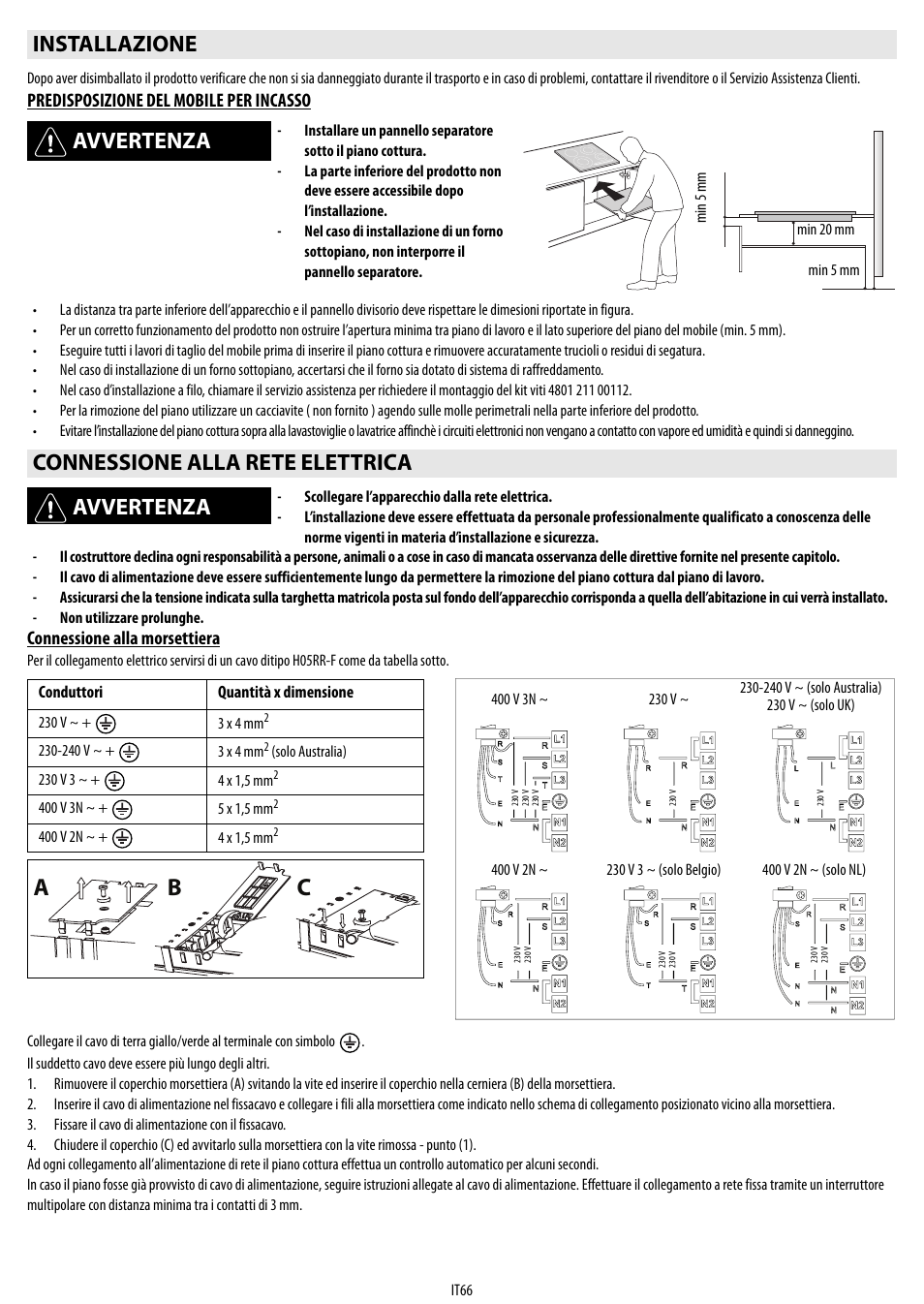Cb a, Installazione avvertenza, Connessione alla rete elettrica avvertenza | Whirlpool ACM 849-01-BA User Manual | Page 66 / 188