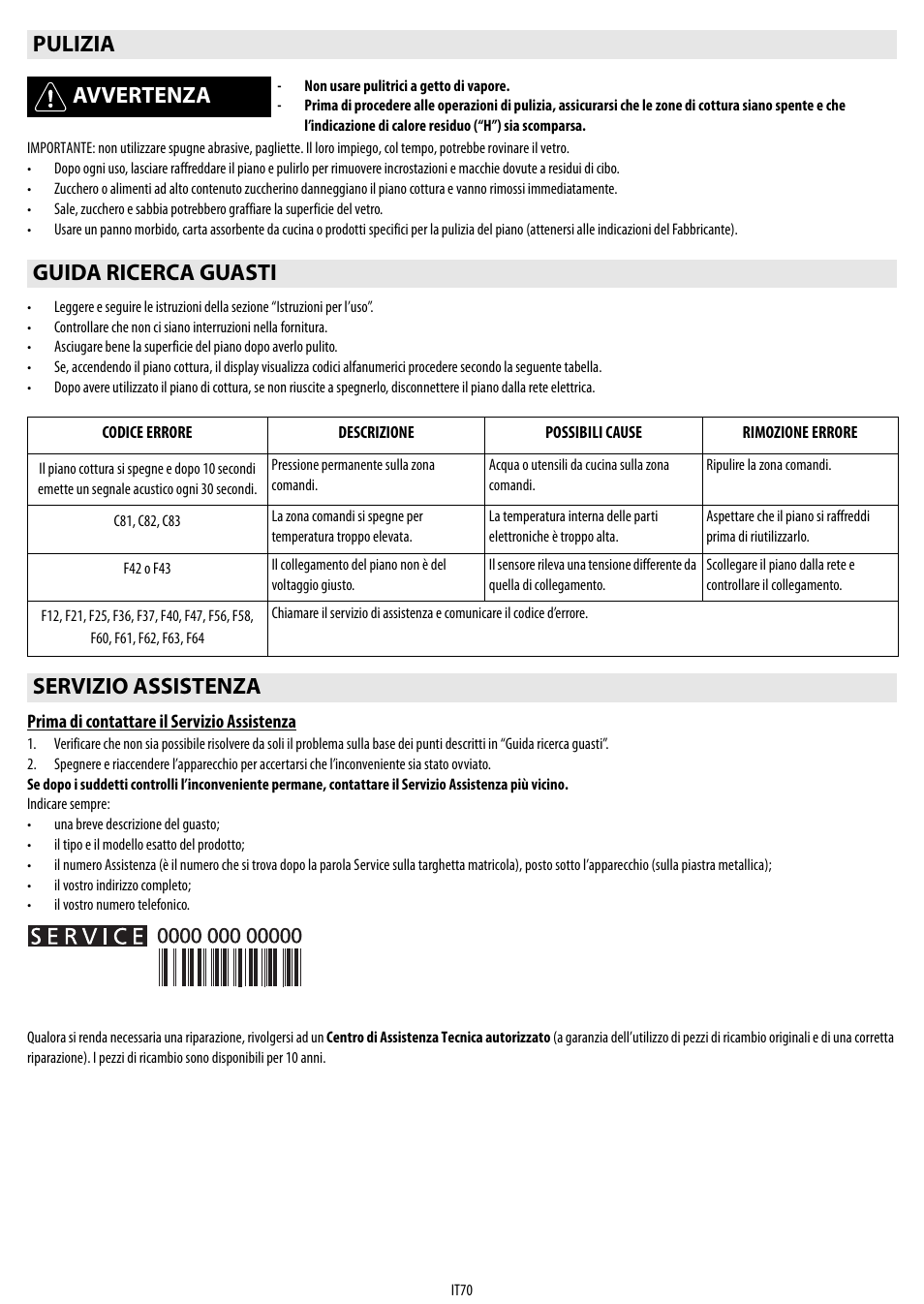 Pulizia avvertenza, Guida ricerca guasti, Servizio assistenza | Whirlpool ACM 849-01-BA User Manual | Page 70 / 188