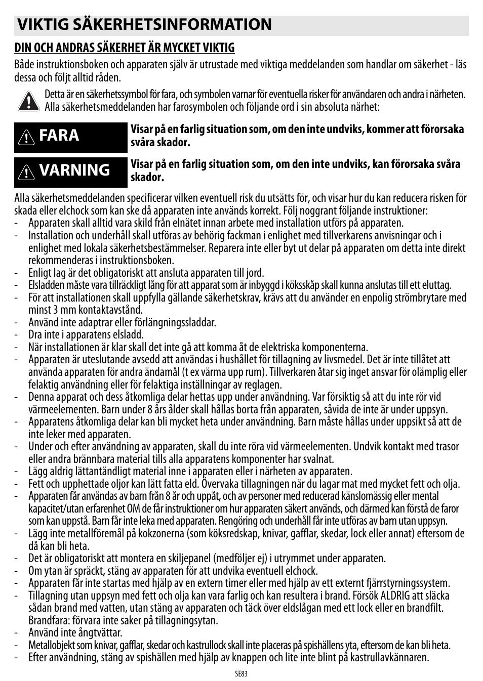 Viktig säkerhetsinformation, Fara, Varning | Whirlpool ACM 849-01-BA User Manual | Page 83 / 188