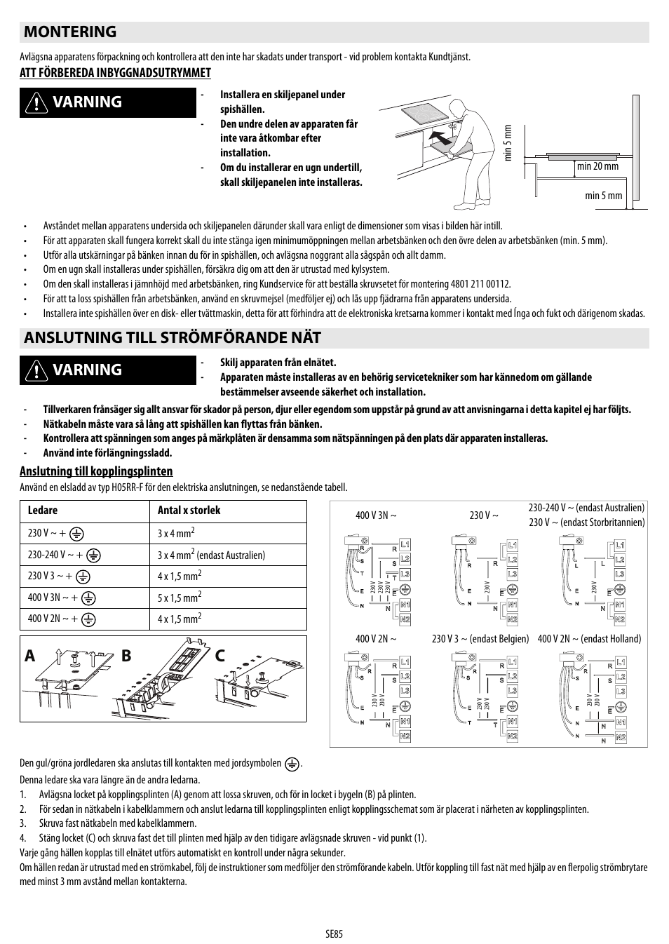 Cb a, Montering varning, Anslutning till strömförande nät varning | Whirlpool ACM 849-01-BA User Manual | Page 85 / 188