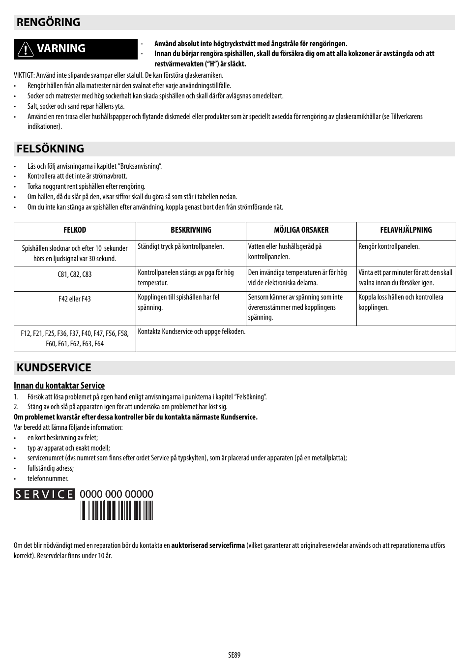 Rengöring varning, Felsökning, Kundservice | Whirlpool ACM 849-01-BA User Manual | Page 89 / 188