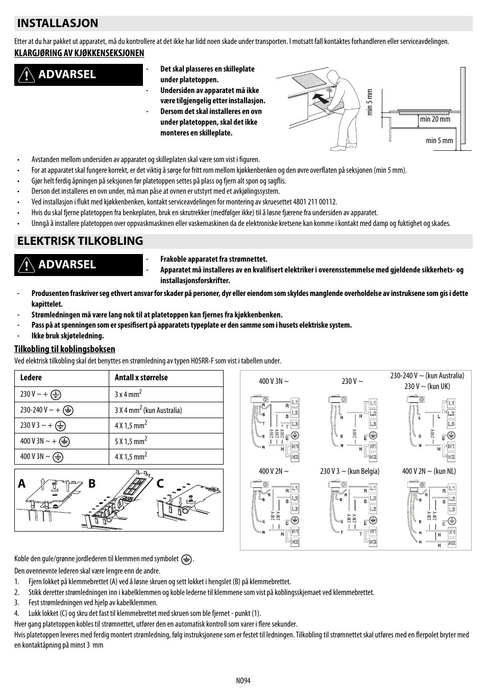Cb a, Installasjon advarsel, Elektrisk tilkobling advarsel | Whirlpool ACM 849-01-BA User Manual | Page 94 / 188