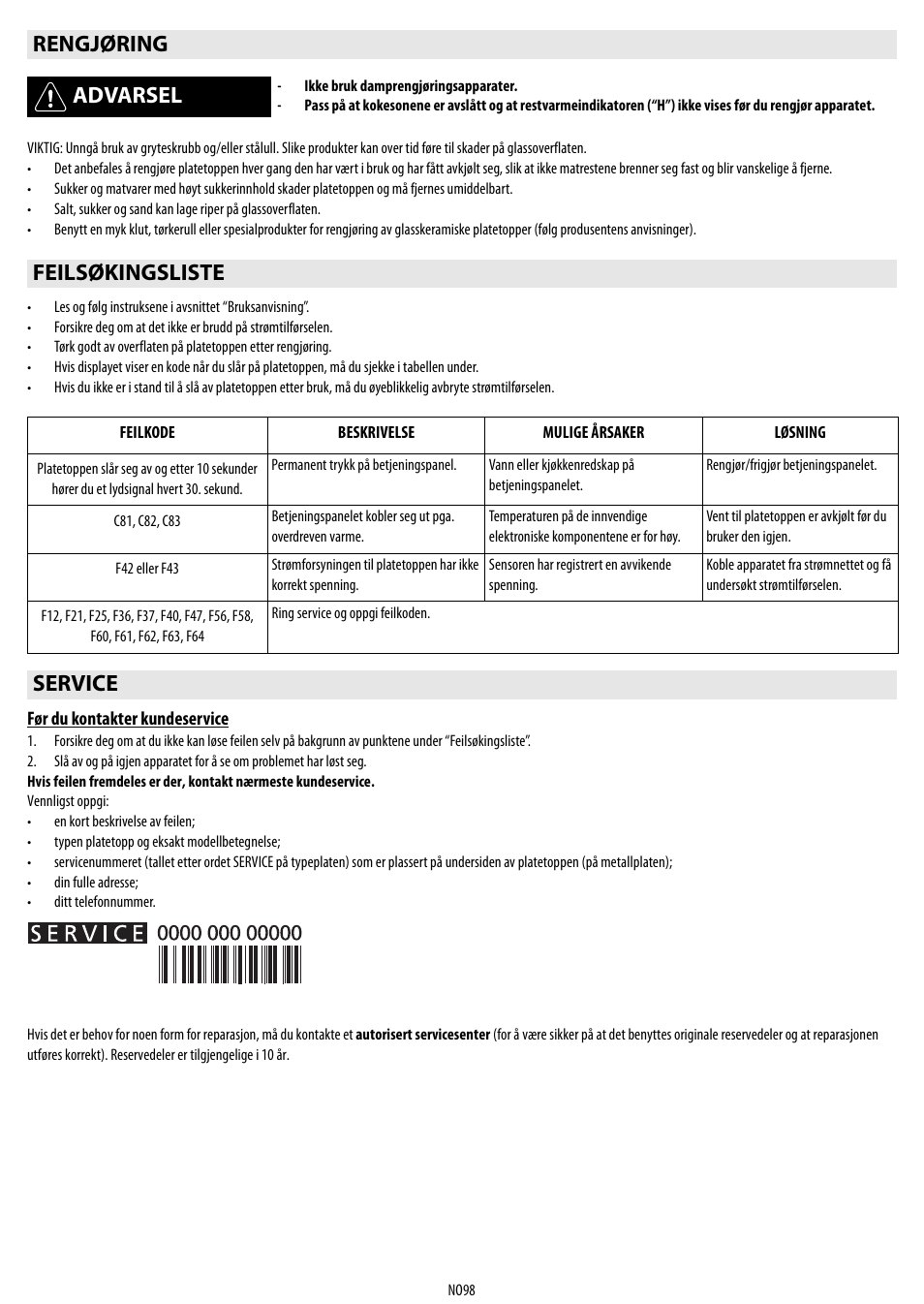 Rengjøring advarsel, Feilsøkingsliste, Service | Whirlpool ACM 849-01-BA User Manual | Page 98 / 188