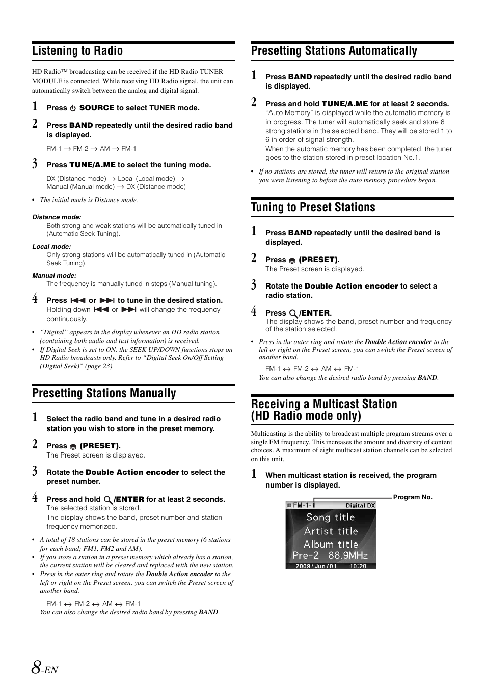 Listening to radio, Presetting stations manually, Presetting stations automatically | Tuning to preset stations, Receiving a multicast station (hd radio mode only), Receiving a multicast station, Hd radio mode only) | Alpine iDA-305 User Manual | Page 10 / 48