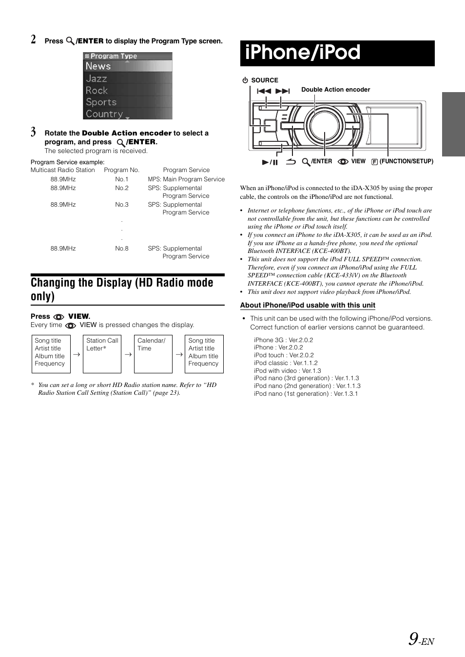 Changing the display (hd radio mode only), Iphone/ipod, Changing the display | Hd radio mode only) | Alpine iDA-305 User Manual | Page 11 / 48