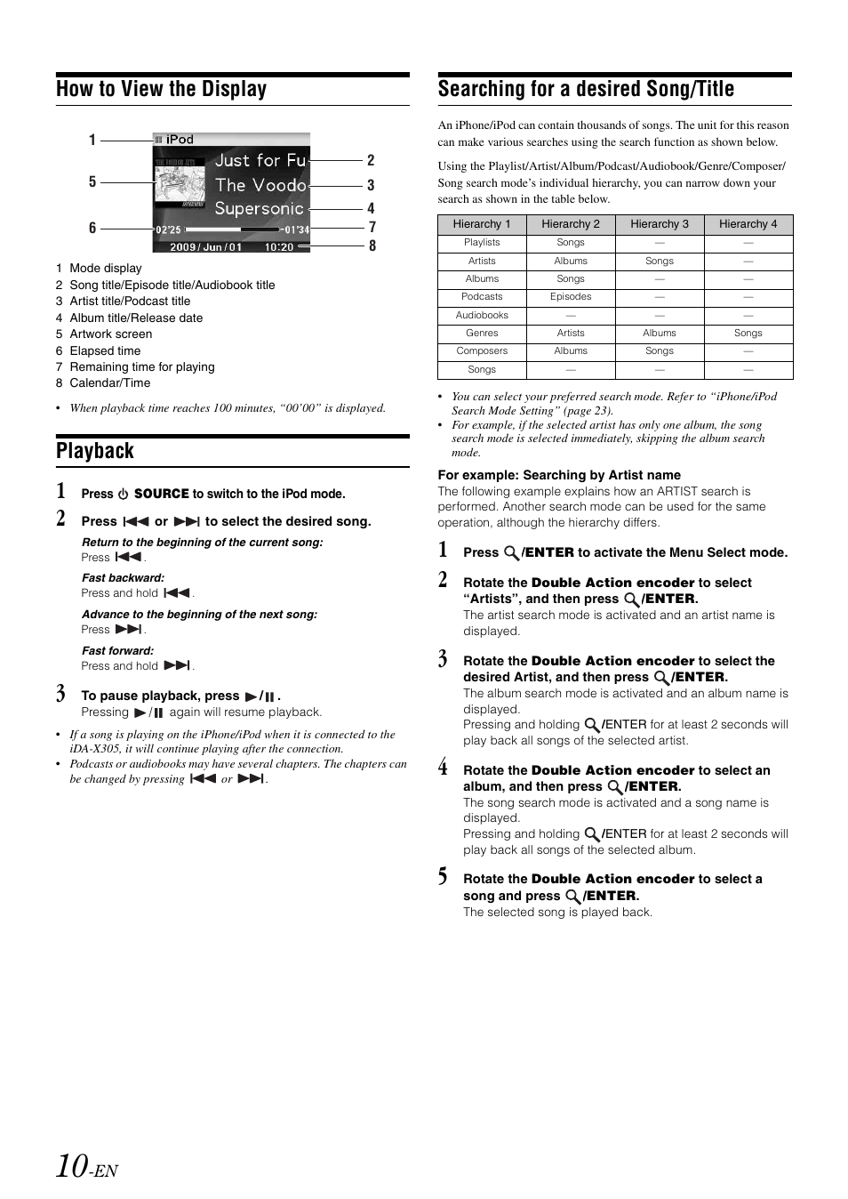 How to view the display, Playback, Searching for a desired song/title | Alpine iDA-305 User Manual | Page 12 / 48