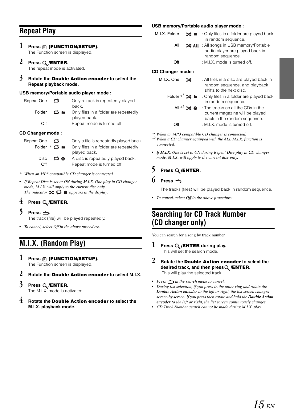 Repeat play, M.i.x. (random play), Searching for cd track number (cd changer only) | Searching for cd track number, Cd changer only) | Alpine iDA-305 User Manual | Page 17 / 48