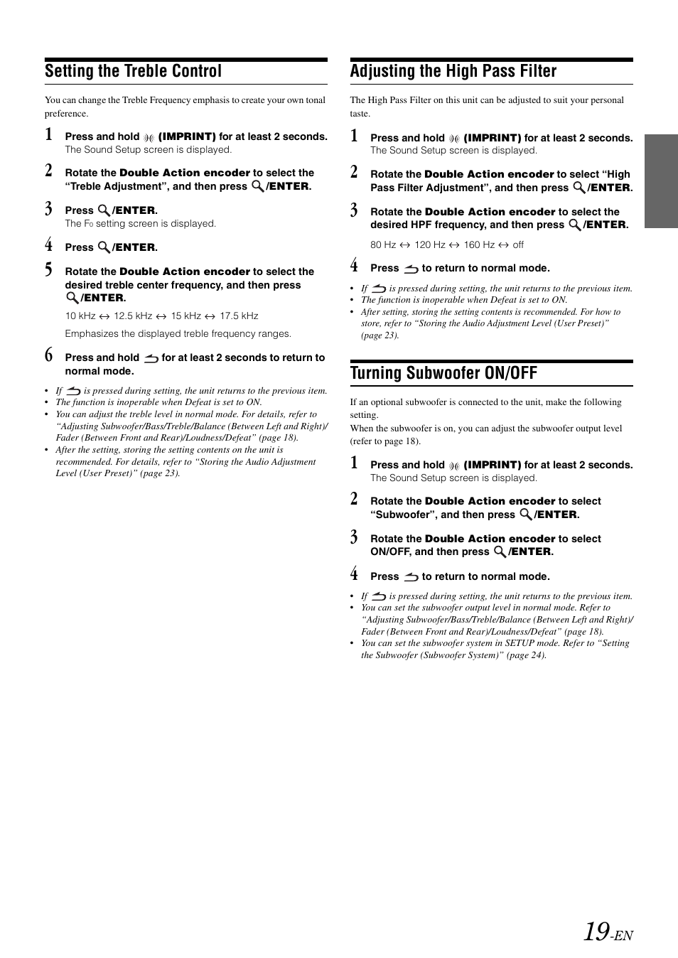 Setting the treble control, Adjusting the high pass filter, Turning subwoofer on/off | Alpine iDA-305 User Manual | Page 21 / 48