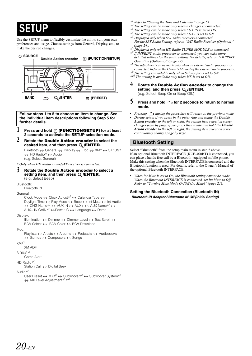 Setup, Bluetooth setting, Setting the bluetooth connection (bluetooth in) | Setting the bluetooth connection, Bluetooth in) | Alpine iDA-305 User Manual | Page 22 / 48