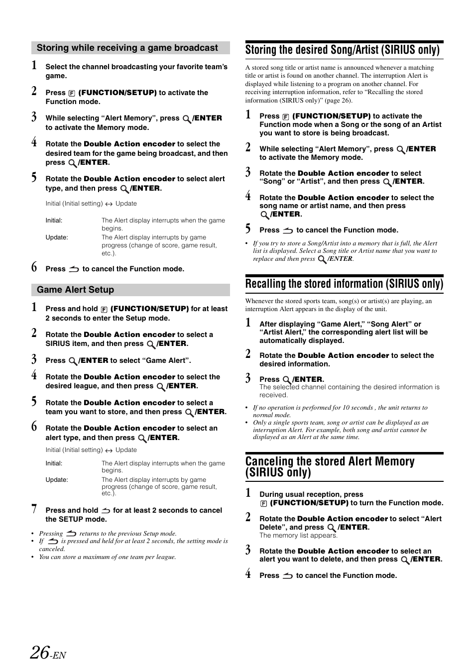 Storing while receiving a game broadcast, Game alert setup, Storing the desired song/artist (sirius only) | Recalling the stored information (sirius only), Canceling the stored alert memory (sirius only), Storing the desired song/artist, Sirius only), Recalling the stored information, Canceling the stored alert memory | Alpine iDA-305 User Manual | Page 28 / 48