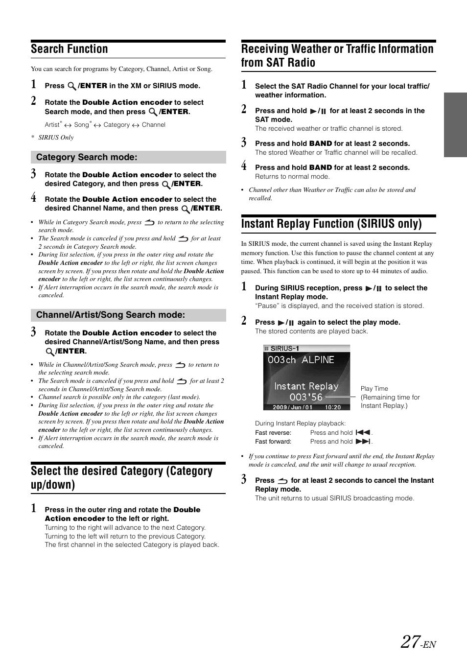 Search function, Select the desired category (category up/down), Instant replay function (sirius only) | Select the desired category, Category up/down), Receiving weather or traffic information from, Sat radio | Alpine iDA-305 User Manual | Page 29 / 48