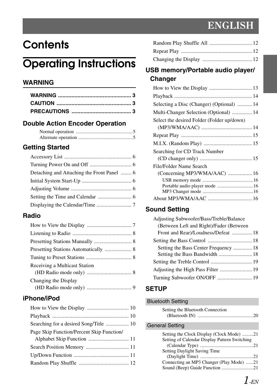 Contents operating instructions, English | Alpine iDA-305 User Manual | Page 3 / 48