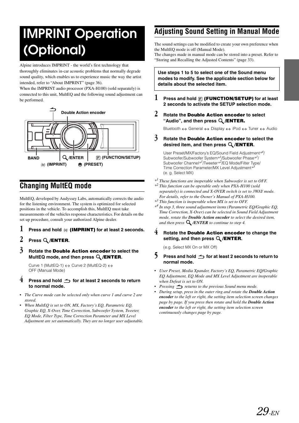 Imprint operation (optional), Changing multeq mode, Adjusting sound setting in manual mode | Alpine iDA-305 User Manual | Page 31 / 48