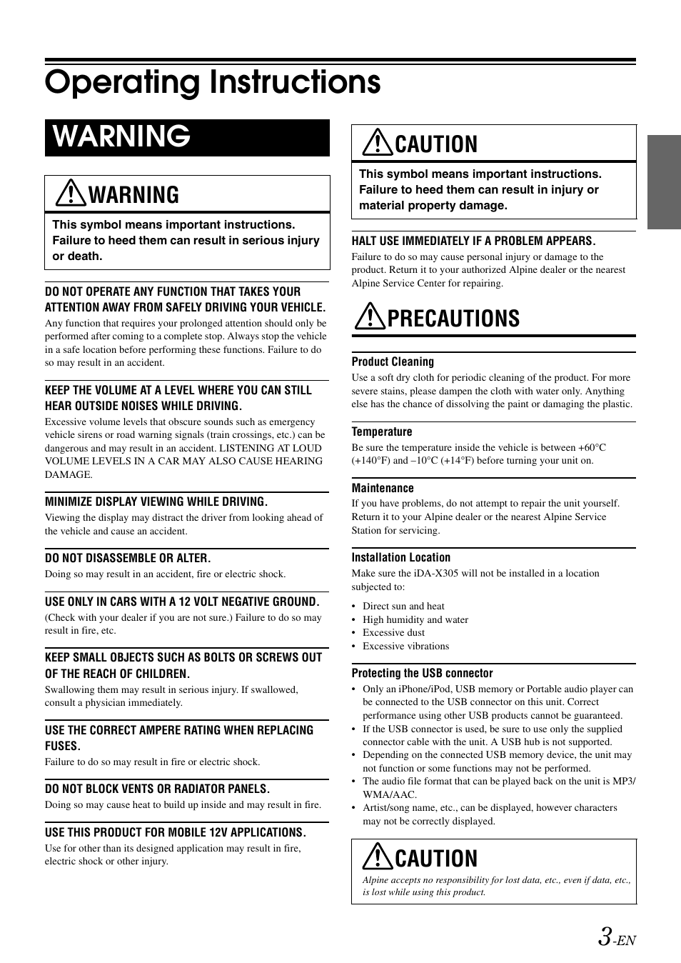 Operating instructions, Warning, Caution | Precautions | Alpine iDA-305 User Manual | Page 5 / 48