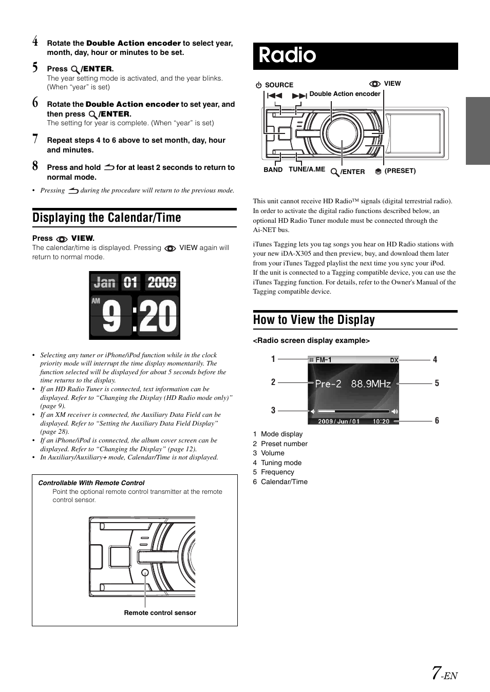 Displaying the calendar/time, Radio, How to view the display | Alpine iDA-305 User Manual | Page 9 / 48