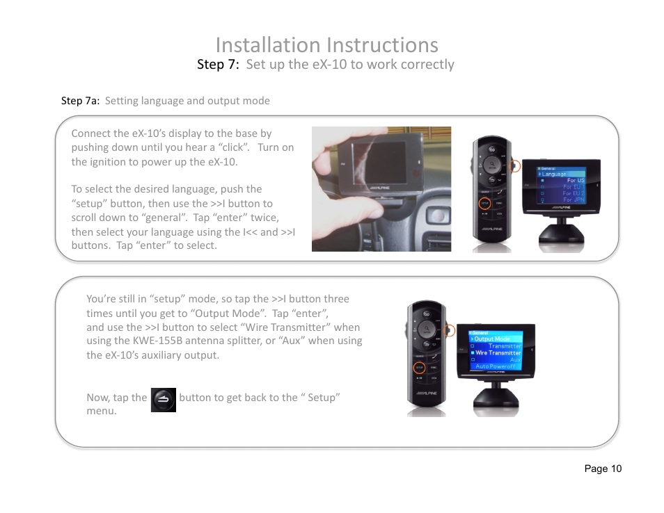 Installation instructions, Step 7: set up the ex‐10 to work correctly | Alpine eX-10 User Manual | Page 10 / 16