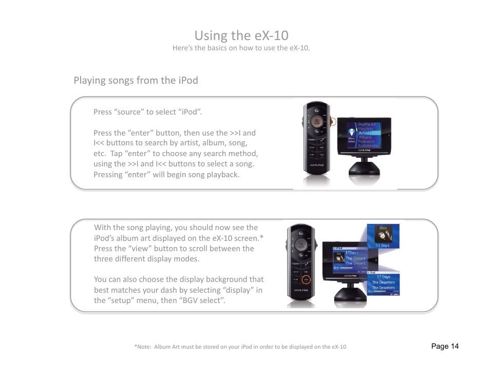 Using the ex‐10, Playing songs from the ipod | Alpine eX-10 User Manual | Page 14 / 16