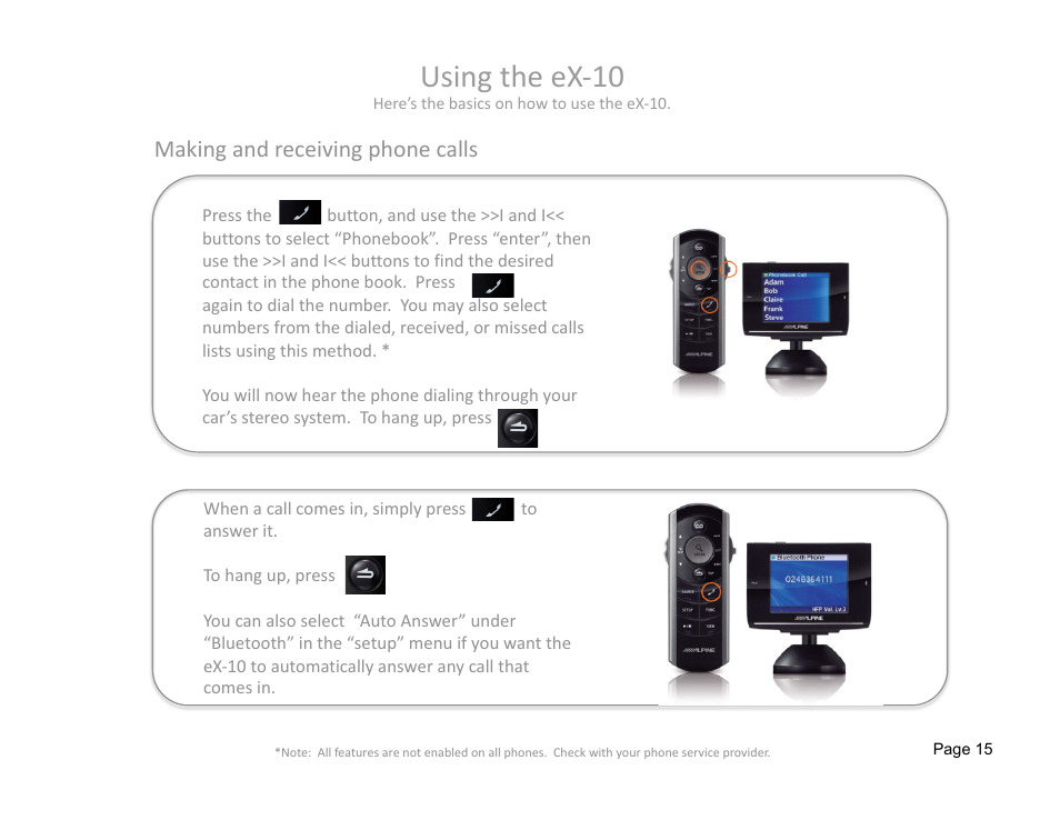 Using the ex‐10, Making and receiving phone calls | Alpine eX-10 User Manual | Page 15 / 16