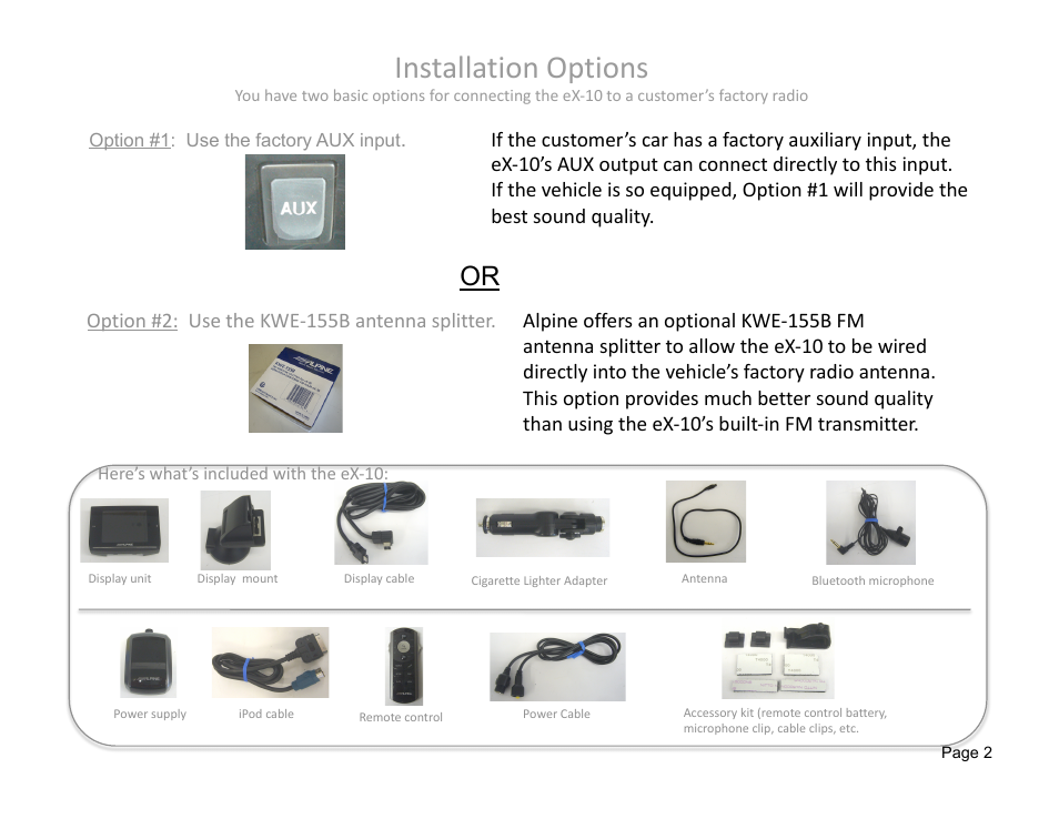 Installation options, Option #2: use the kwe‐155b antenna splitter | Alpine eX-10 User Manual | Page 2 / 16