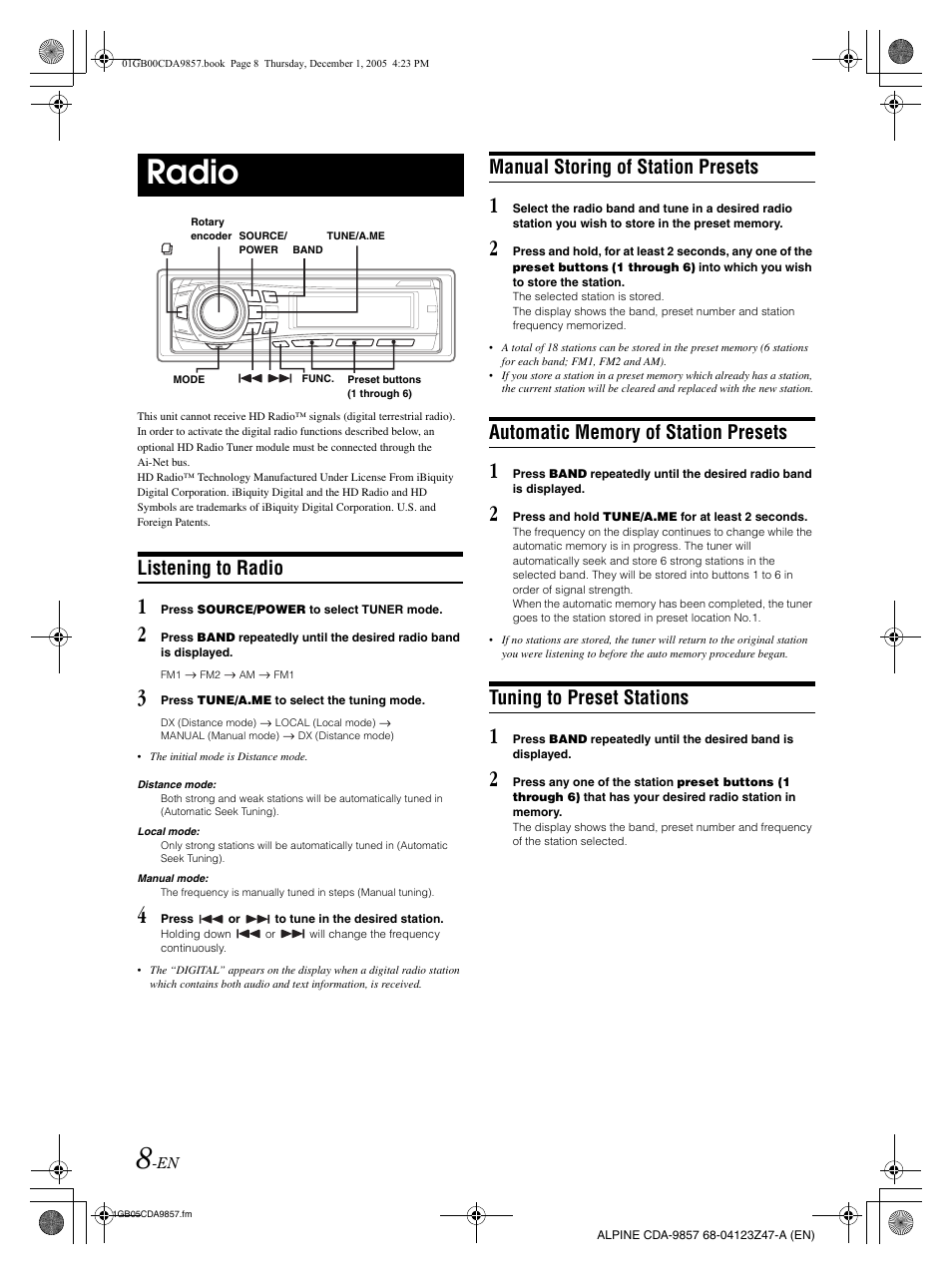 Radio, Listening to radio, Manual storing of station presets | Tuning to preset stations | Alpine CDA-9857 User Manual | Page 10 / 38