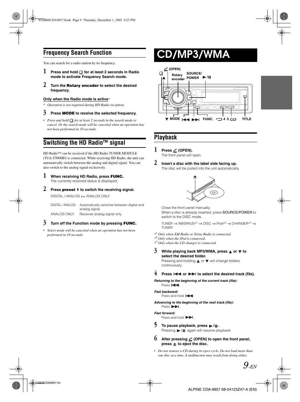 Cd/mp3/wma, Frequency search function, Switching the hd radio™ signal | Playback | Alpine CDA-9857 User Manual | Page 11 / 38