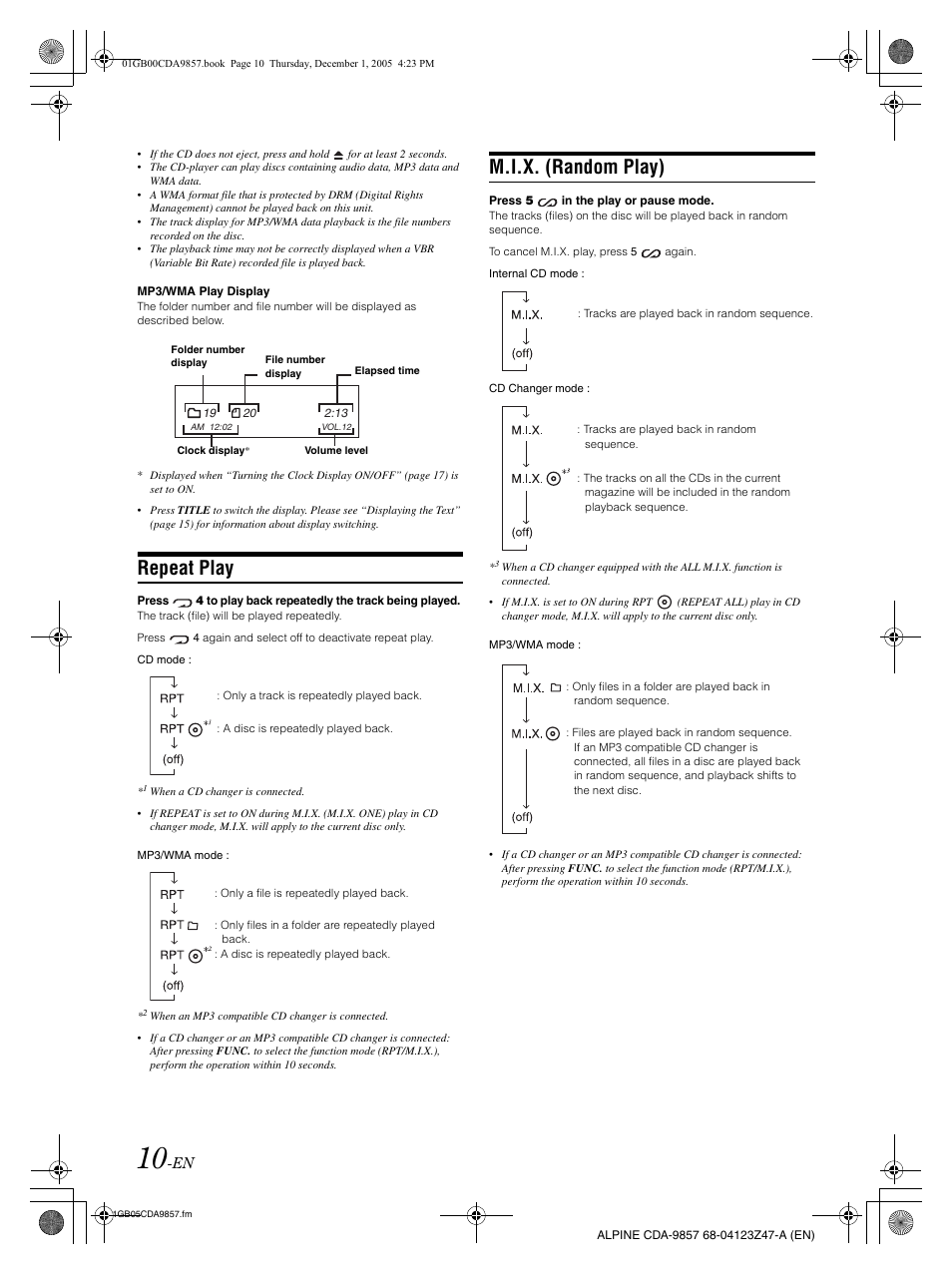 Repeat play, M.i.x. (random play) | Alpine CDA-9857 User Manual | Page 12 / 38