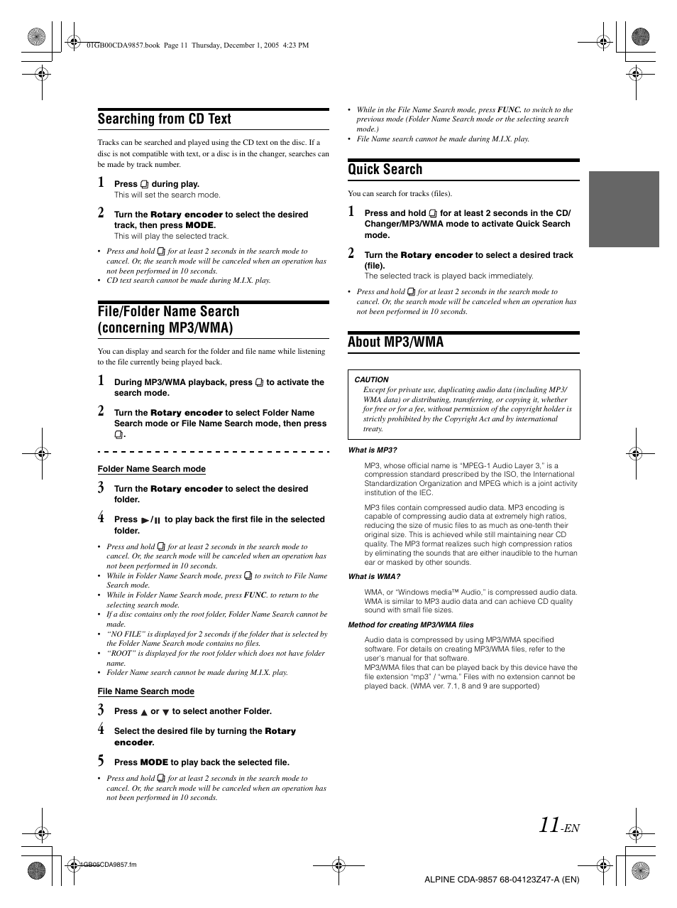 Searching from cd text, File/folder name search (concerning mp3/wma), Quick search | About mp3/wma | Alpine CDA-9857 User Manual | Page 13 / 38