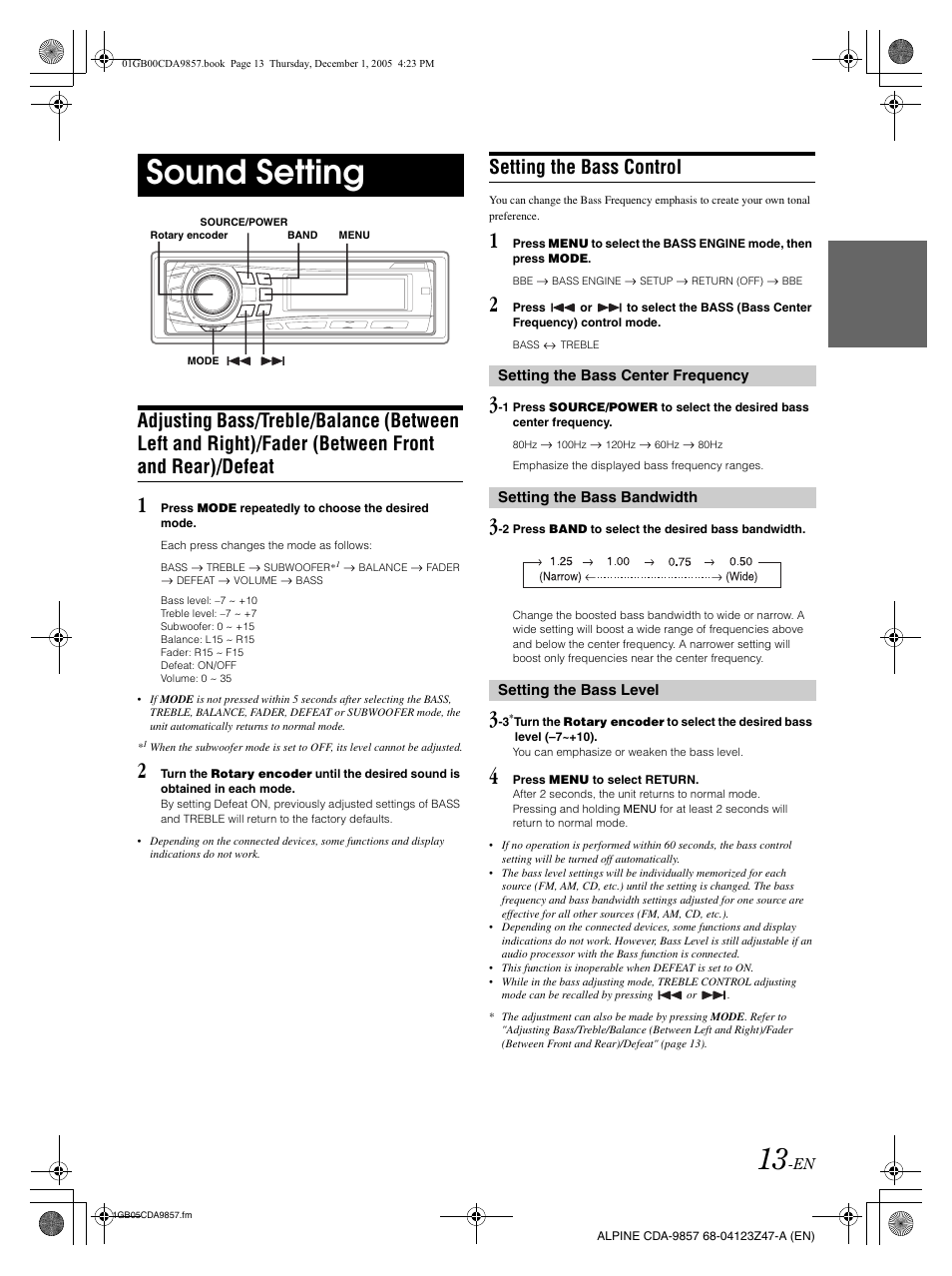 Sound setting, Setting the bass control | Alpine CDA-9857 User Manual | Page 15 / 38