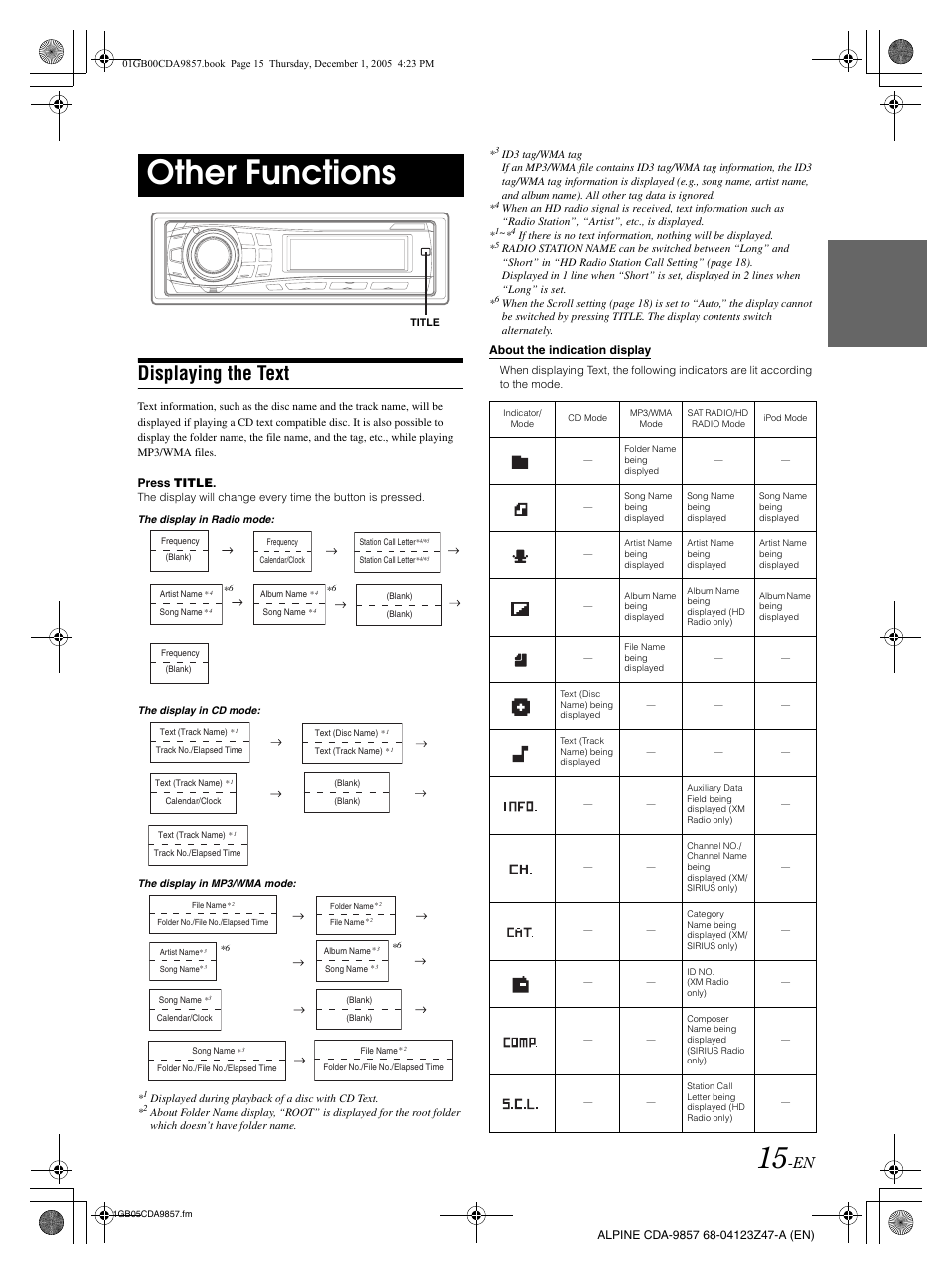 Other functions, Displaying the text | Alpine CDA-9857 User Manual | Page 17 / 38