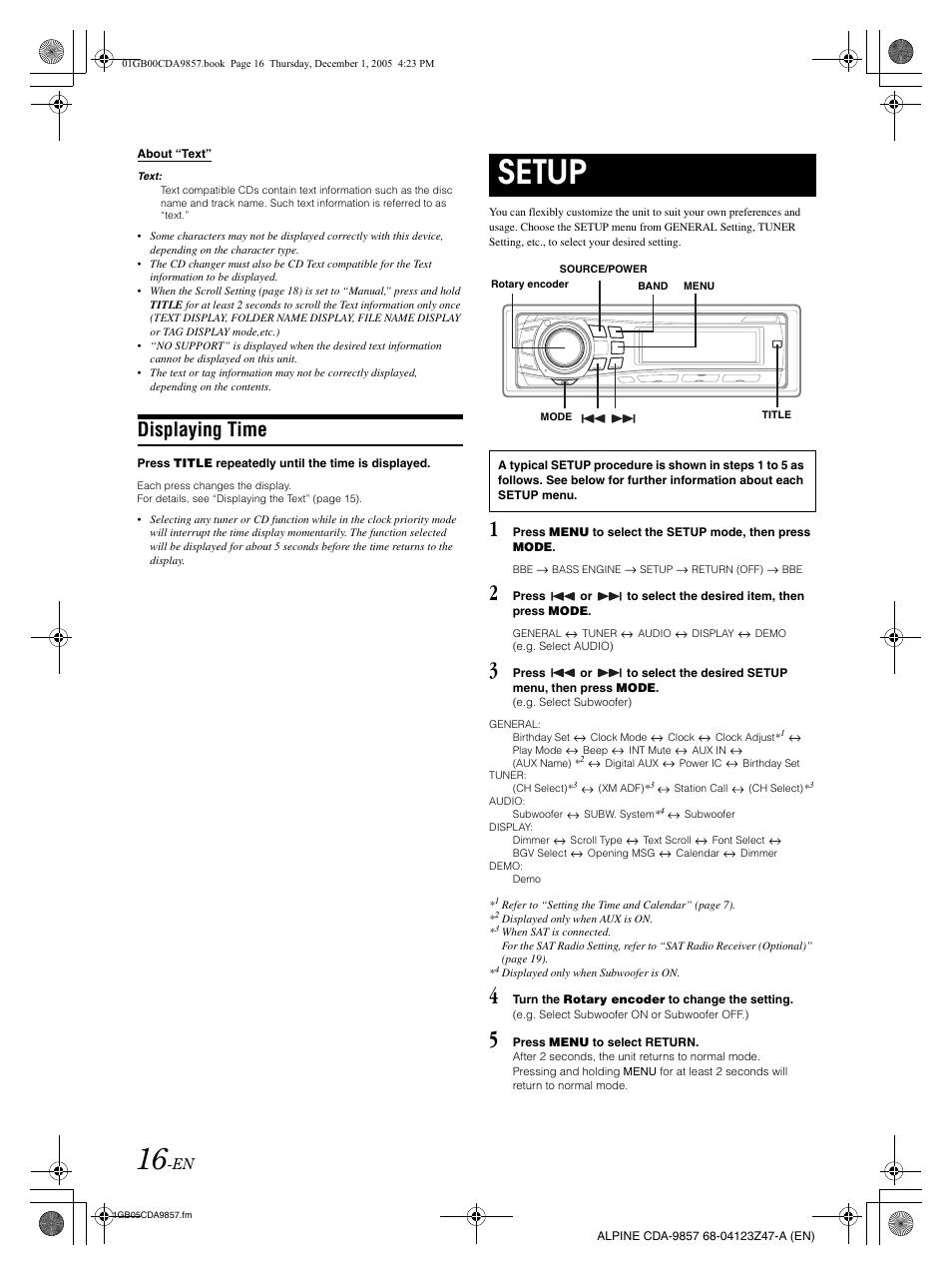 Setup, Displaying time | Alpine CDA-9857 User Manual | Page 18 / 38