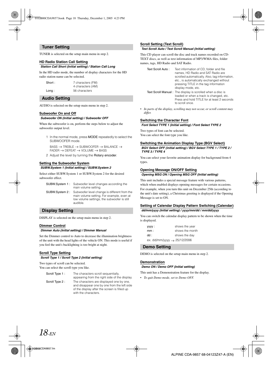 Tuner setting, Audio setting, Display setting | Demo setting | Alpine CDA-9857 User Manual | Page 20 / 38