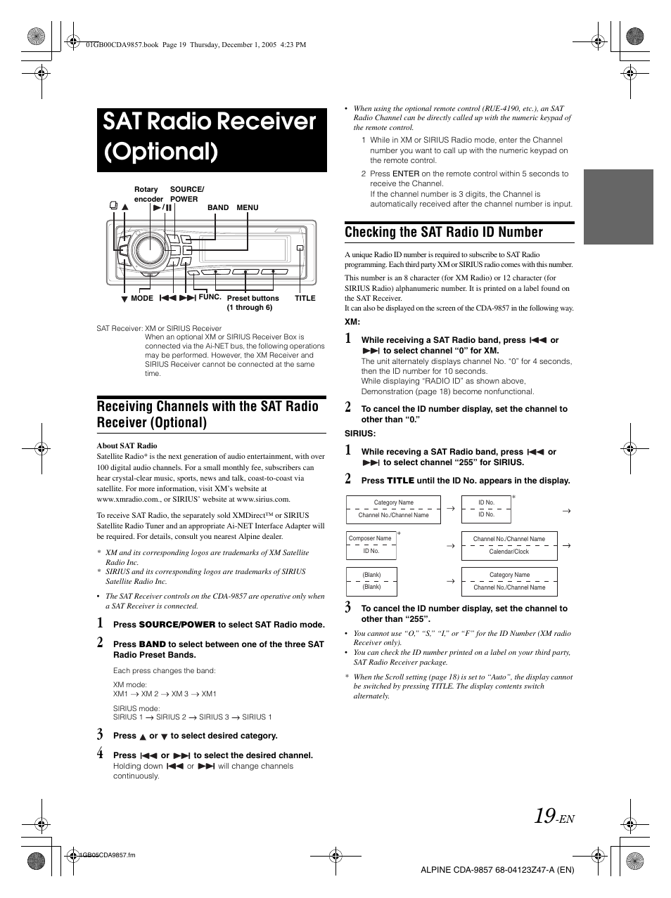 Sat radio receiver (optional), Checking the sat radio id number | Alpine CDA-9857 User Manual | Page 21 / 38