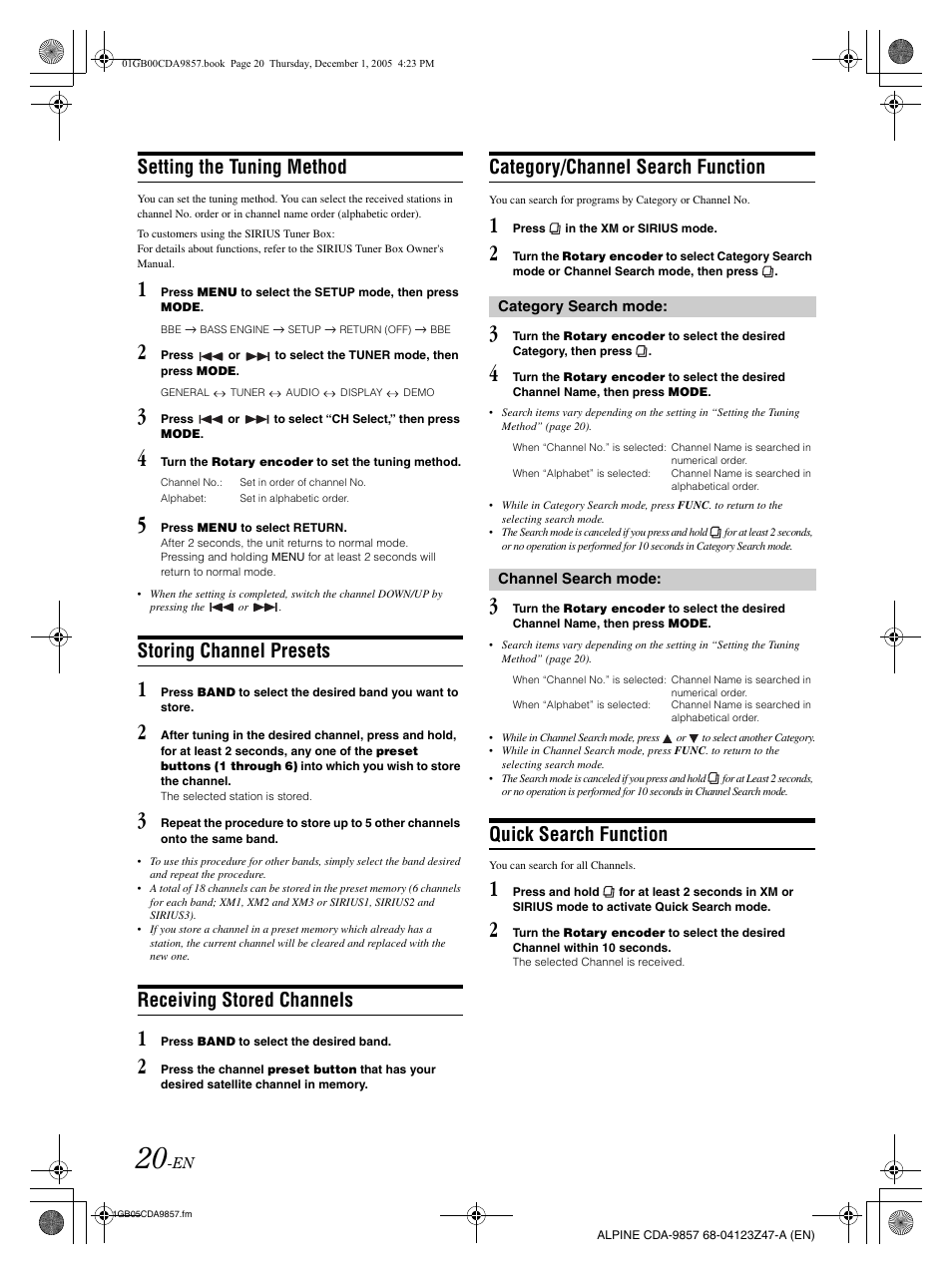 Setting the tuning method, Storing channel presets, Receiving stored channels | Category/channel search function, Quick search function | Alpine CDA-9857 User Manual | Page 22 / 38