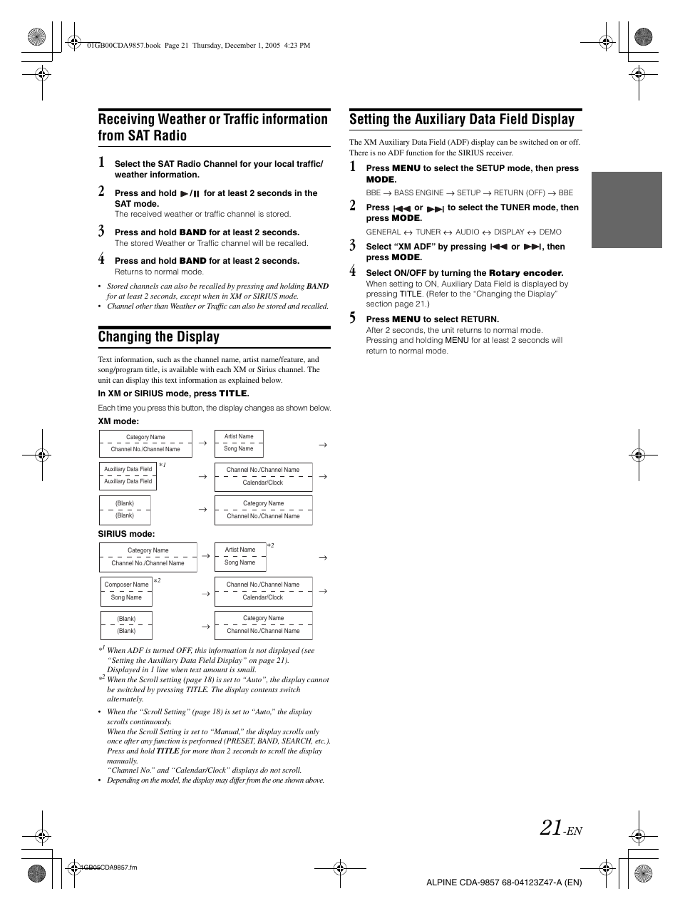Changing the display, Setting the auxiliary data field display | Alpine CDA-9857 User Manual | Page 23 / 38