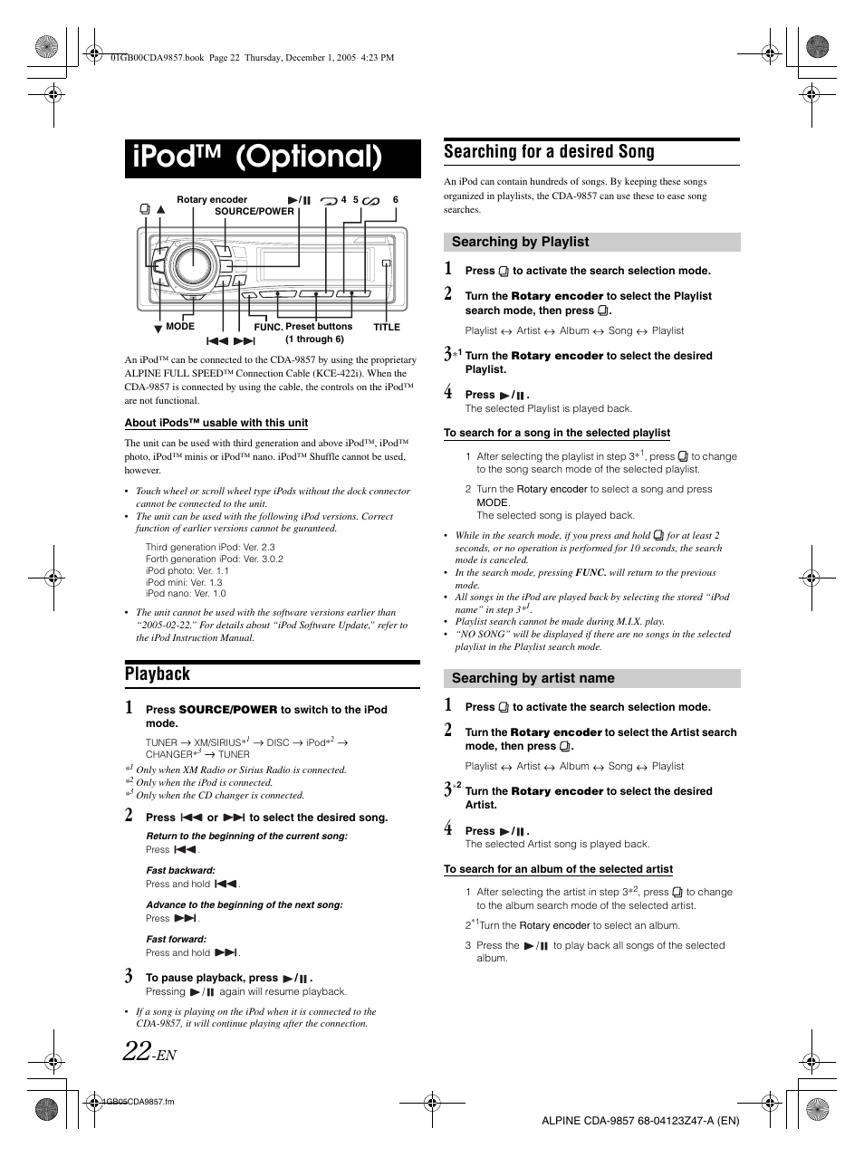 Ipod™ (optional), Playback, Searching for a desired song | Alpine CDA-9857 User Manual | Page 24 / 38