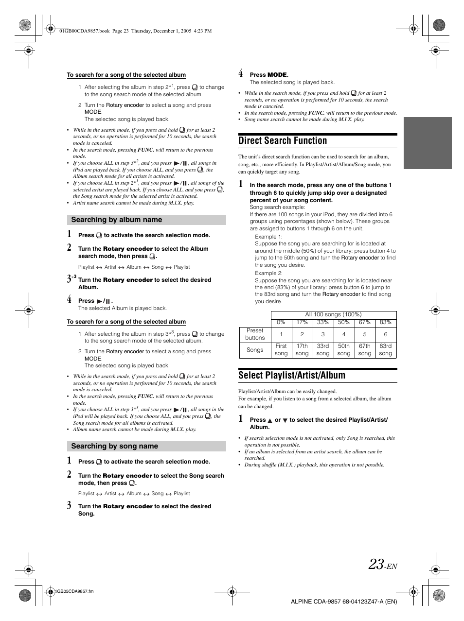 Direct search function, Select playlist/artist/album | Alpine CDA-9857 User Manual | Page 25 / 38