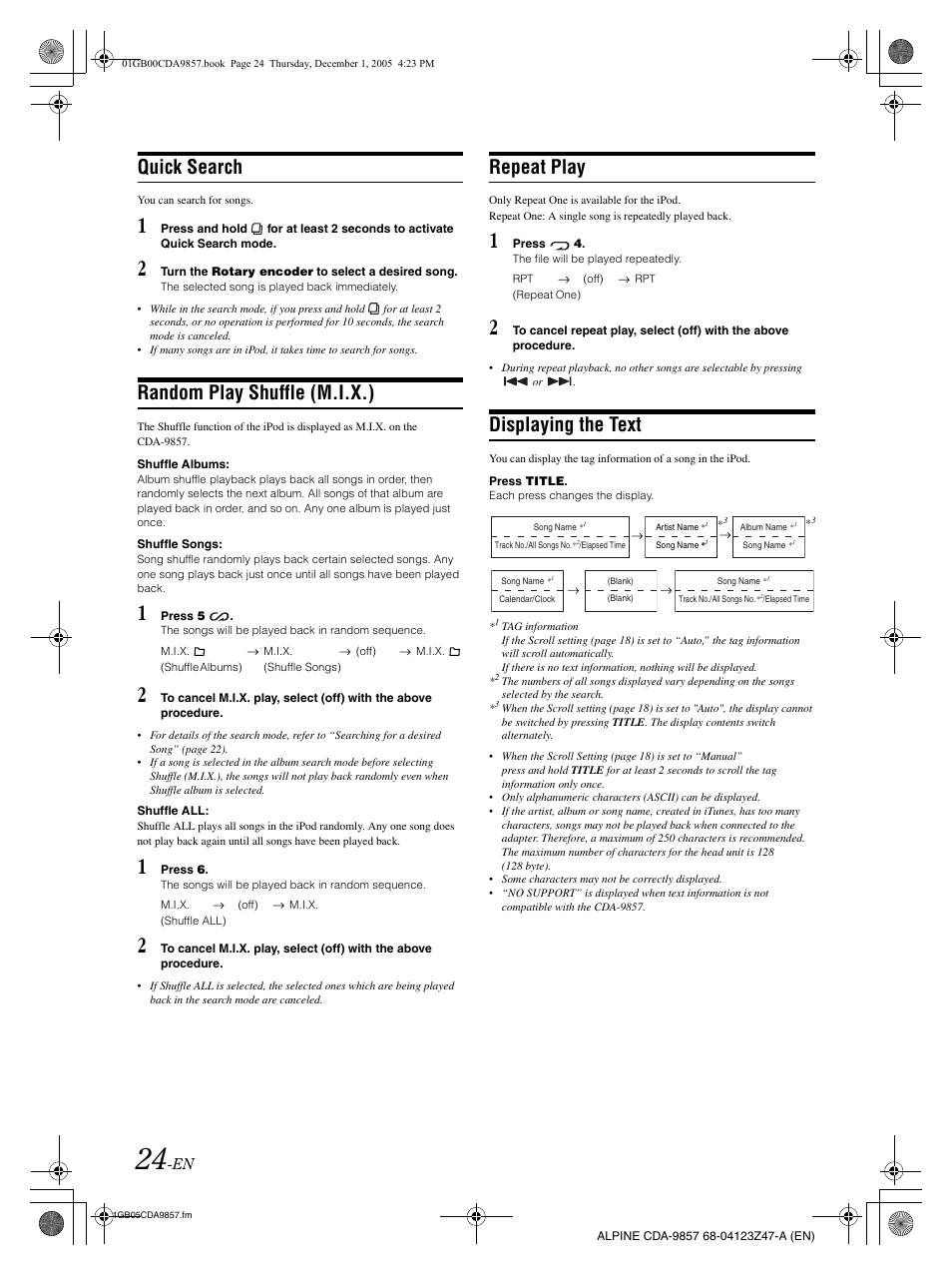 Quick search, Random play shuffle (m.i.x.), Repeat play | Displaying the text | Alpine CDA-9857 User Manual | Page 26 / 38