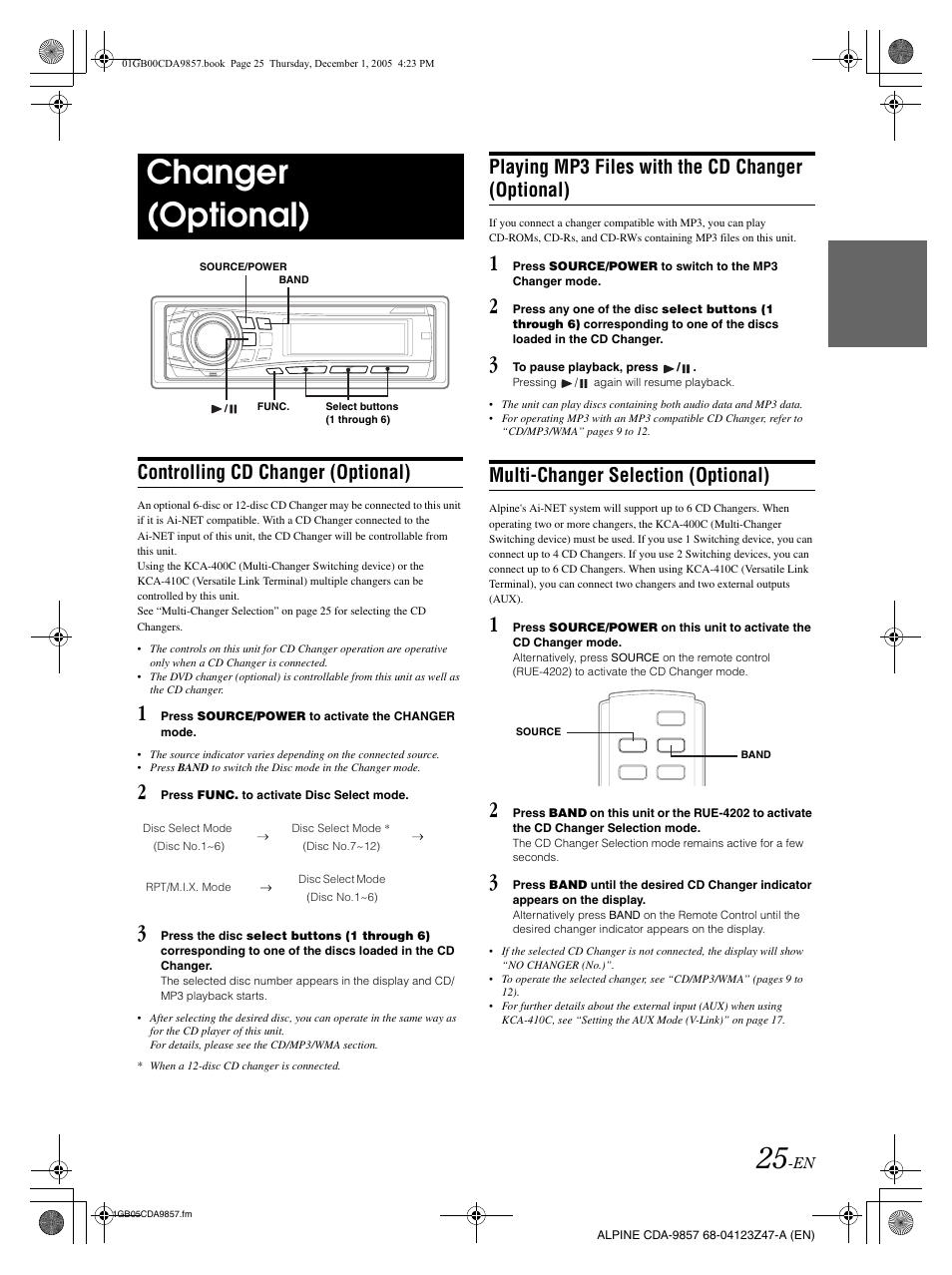 Changer (optional), Controlling cd changer (optional), Playing mp3 files with the cd changer (optional) | Multi-changer selection (optional) | Alpine CDA-9857 User Manual | Page 27 / 38