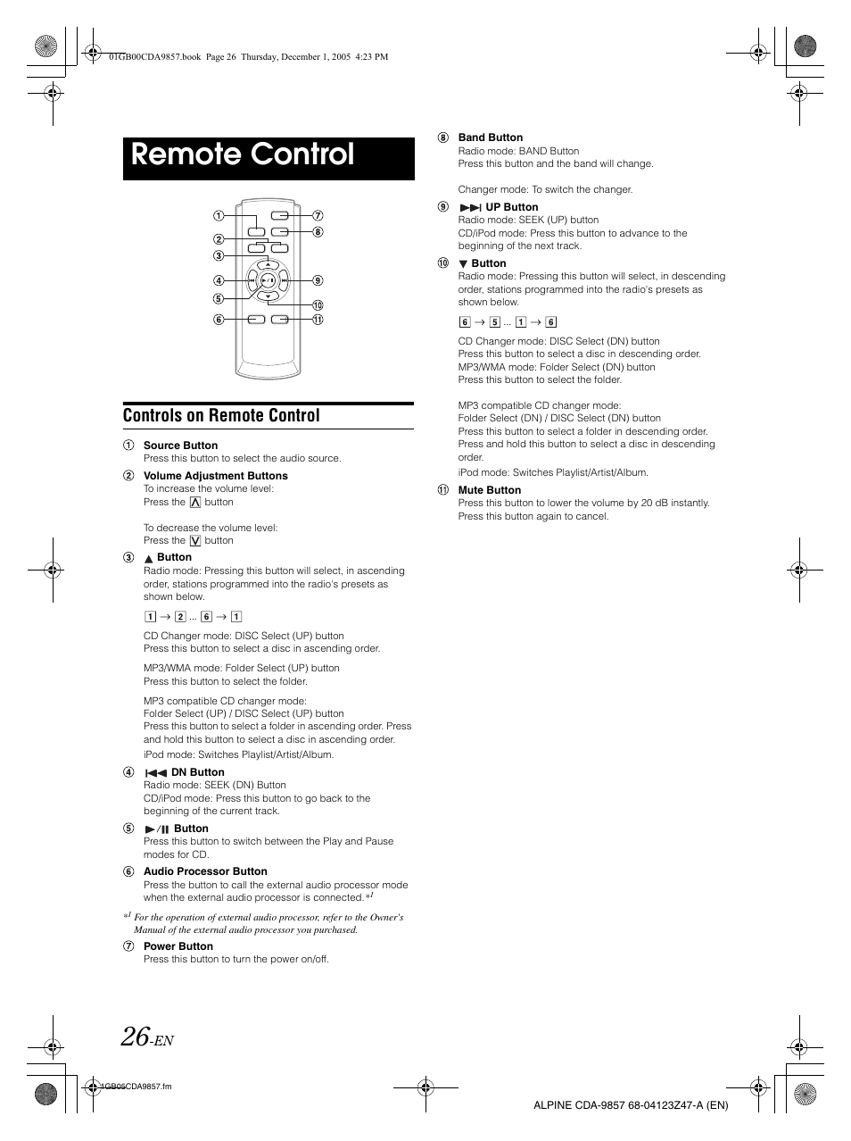 Remote control, Controls on remote control | Alpine CDA-9857 User Manual | Page 28 / 38