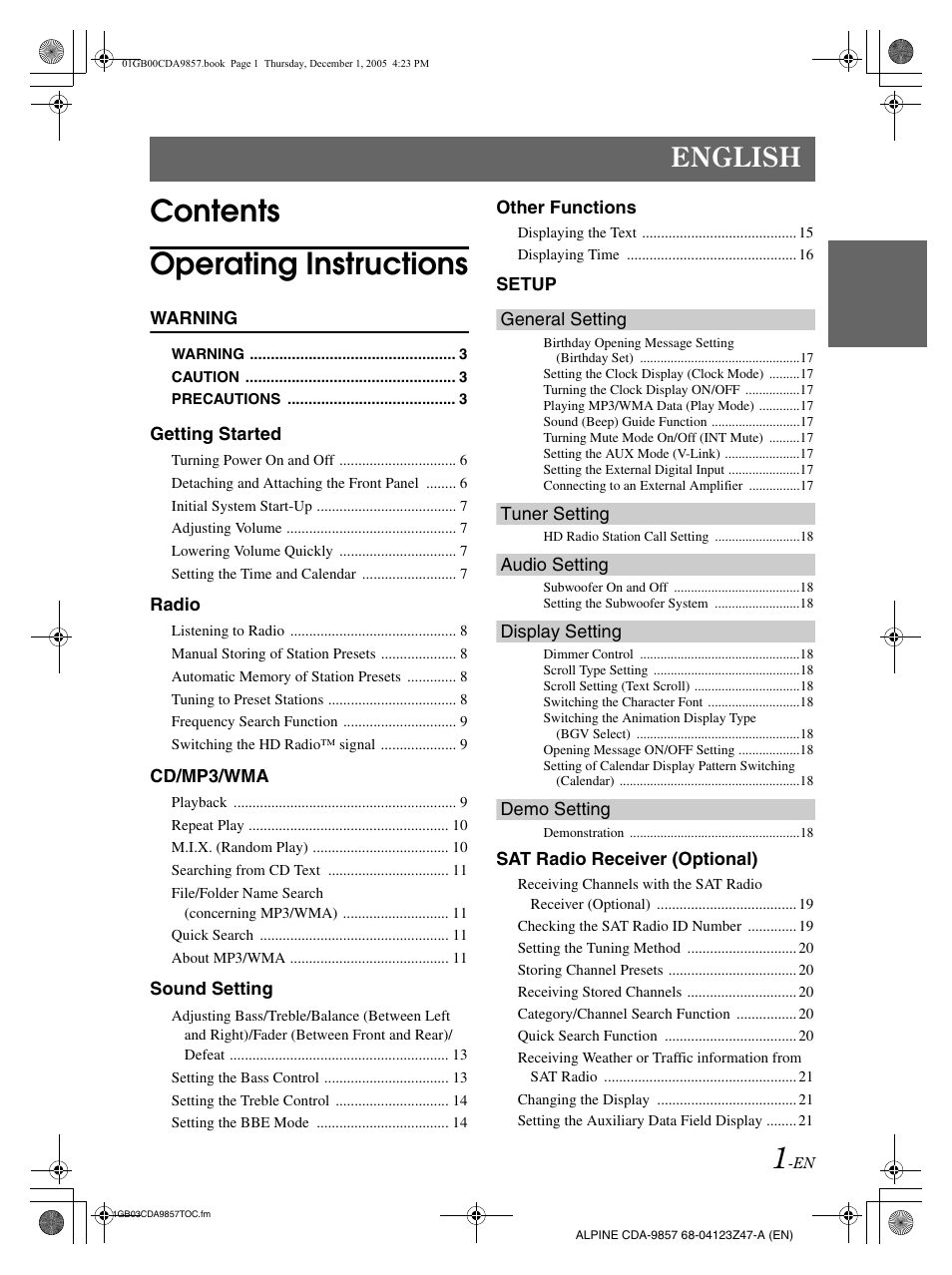 Contents operating instructions, English | Alpine CDA-9857 User Manual | Page 3 / 38