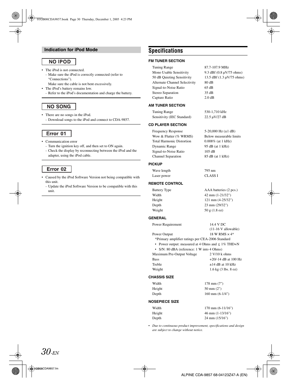 Specifications | Alpine CDA-9857 User Manual | Page 32 / 38