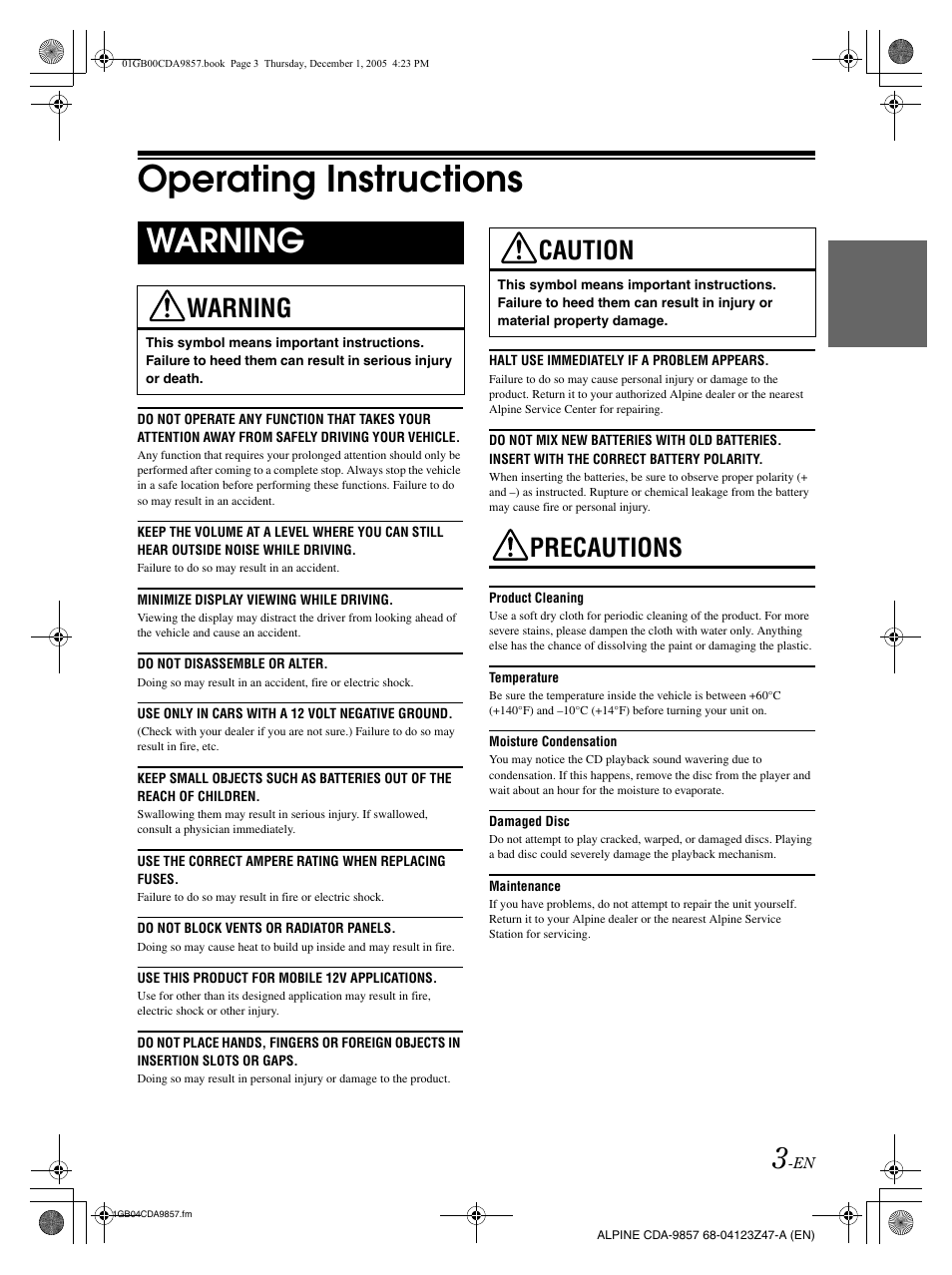 Operating instructions, Warning, Precautions | Caution | Alpine CDA-9857 User Manual | Page 5 / 38