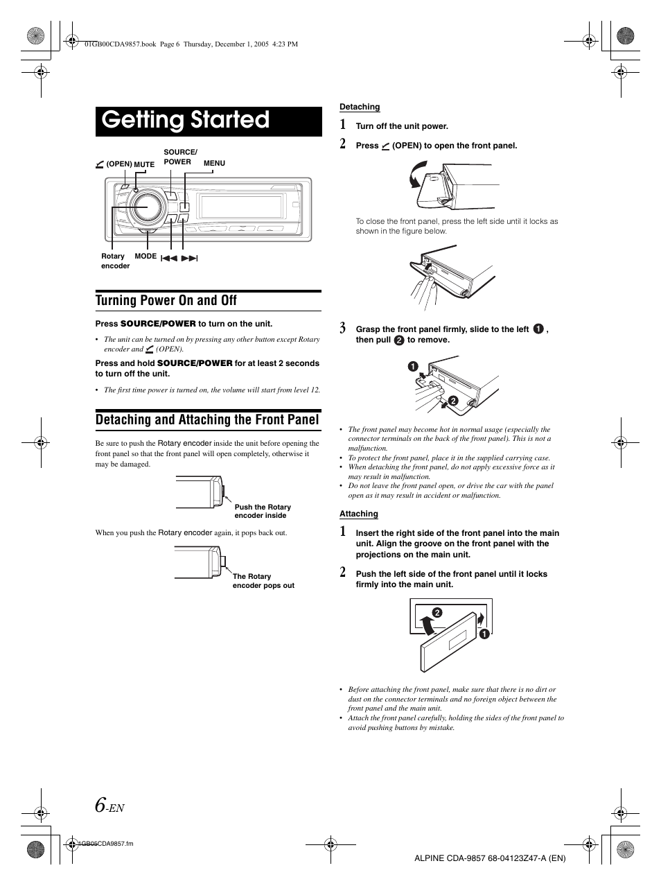 Getting started, Turning power on and off, Detaching and attaching the front panel | Alpine CDA-9857 User Manual | Page 8 / 38