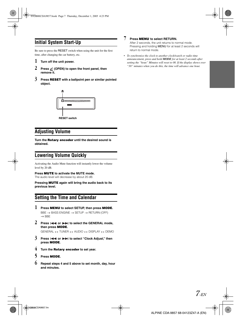 Initial system start-up, Adjusting volume, Lowering volume quickly | Setting the time and calendar | Alpine CDA-9857 User Manual | Page 9 / 38