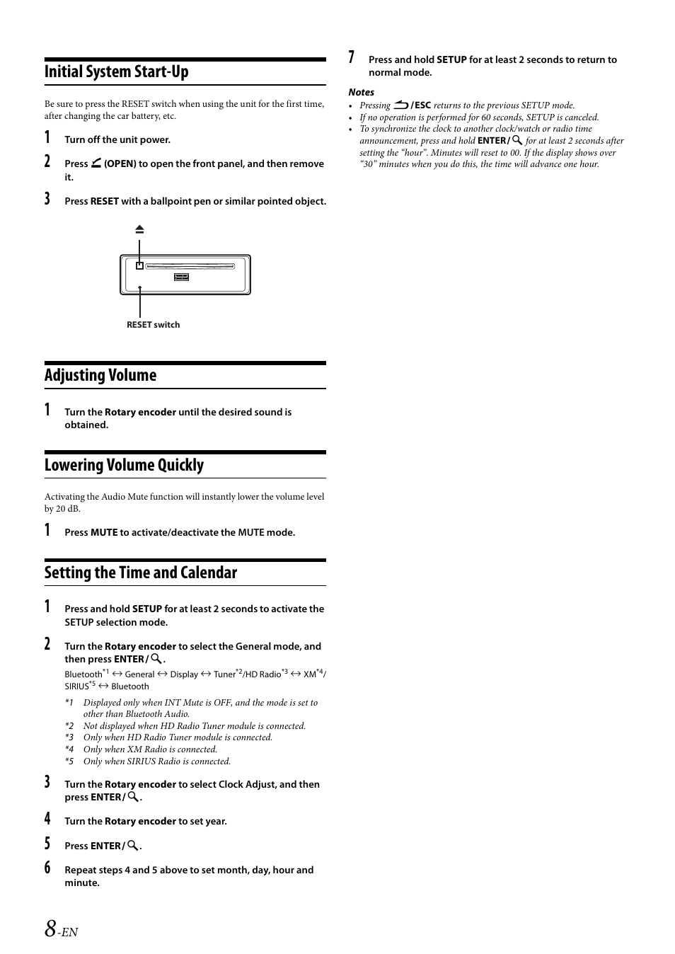 Initial system start-up, Adjusting volume, Lowering volume quickly | Setting the time and calendar | Alpine 68-14470Z51-A User Manual | Page 10 / 56