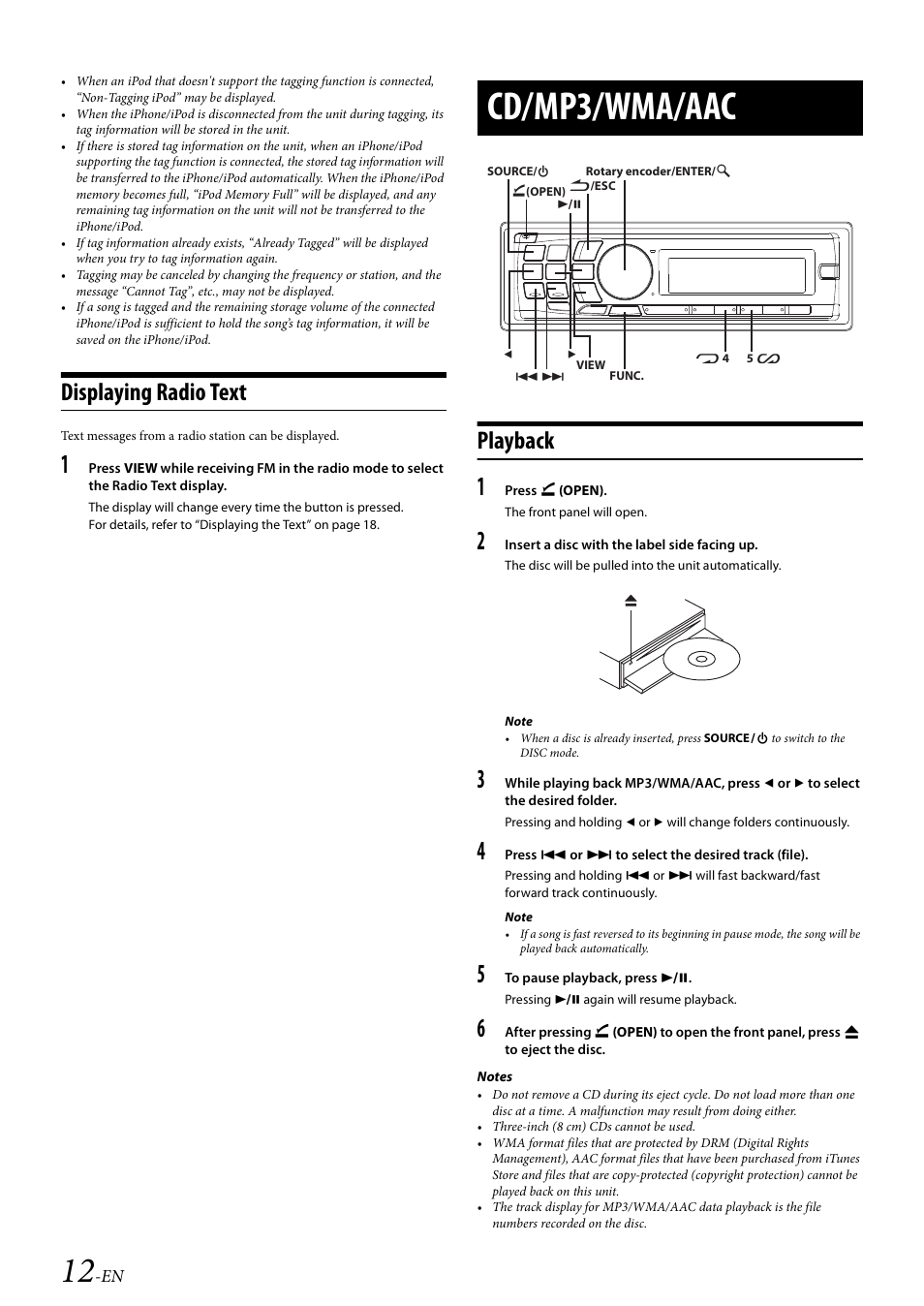 Displaying radio text, Cd/mp3/wma/aac, Playback | Alpine 68-14470Z51-A User Manual | Page 14 / 56