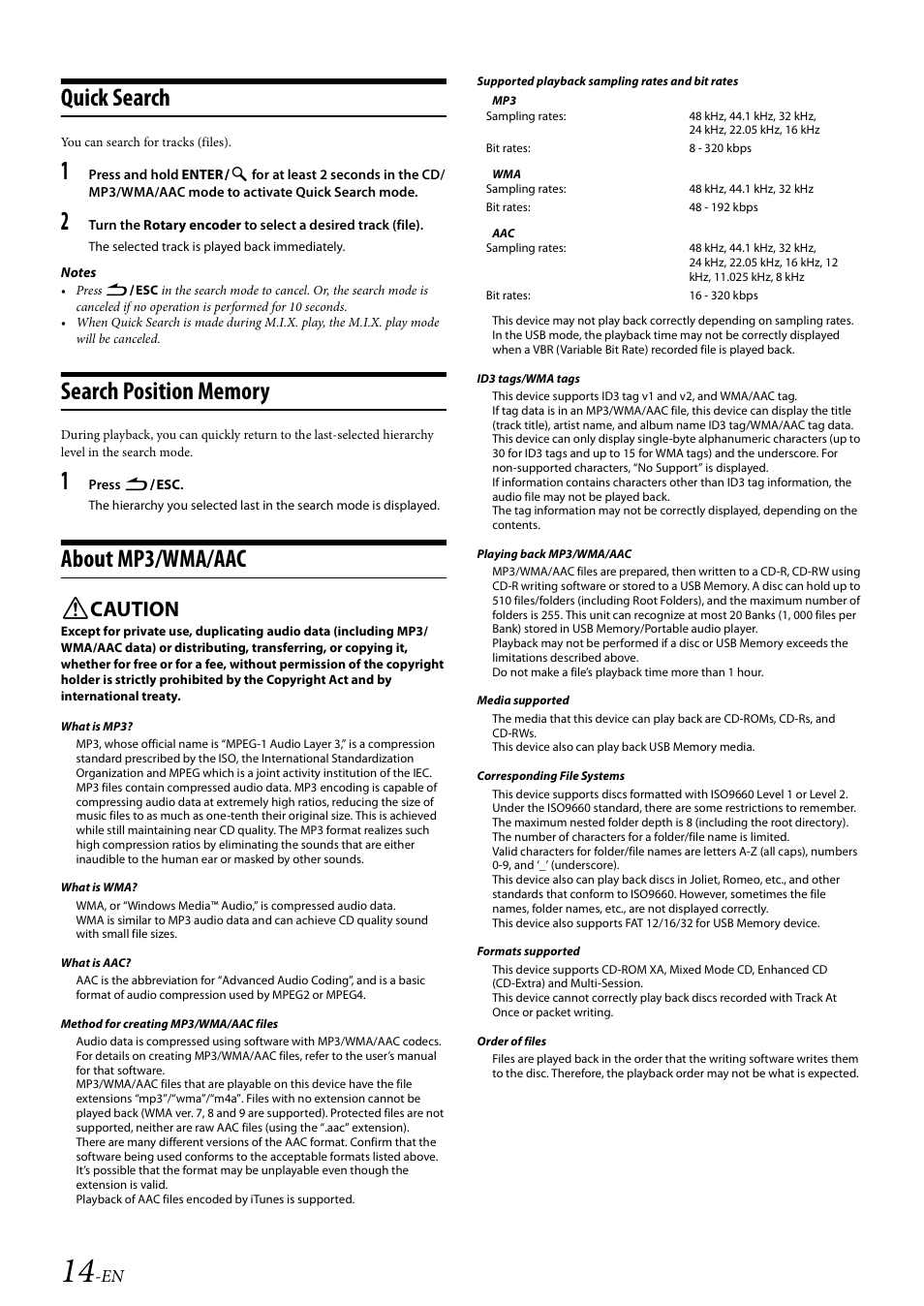 Quick search, Search position memory, About mp3/wma/aac | Search position memory about mp3/wma/aac, Caution | Alpine 68-14470Z51-A User Manual | Page 16 / 56