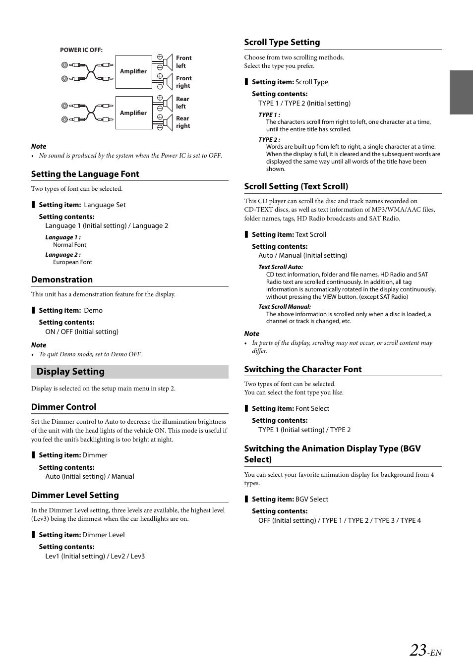 Setting the language font, Demonstration, Display setting | Dimmer control, Dimmer level setting, Scroll type setting, Scroll setting (text scroll), Switching the character font, Switching the animation display type (bgv select), Setting the language font demonstration | Alpine 68-14470Z51-A User Manual | Page 25 / 56