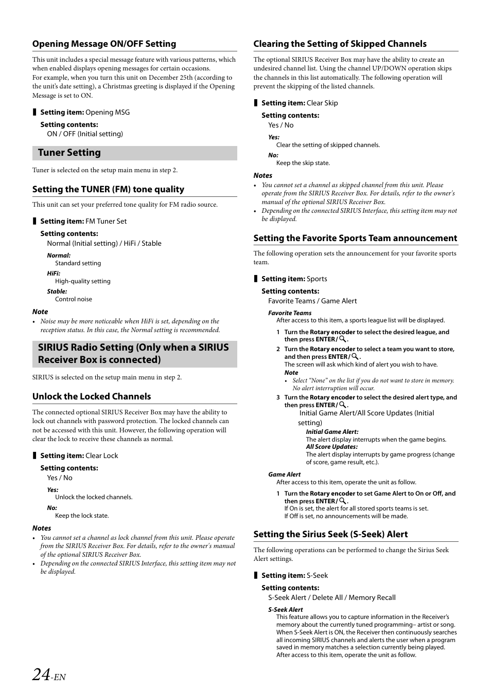 Opening message on/off setting, Tuner setting, Setting the tuner (fm) tone quality | Unlock the locked channels, Clearing the setting of skipped channels, Setting the favorite sports team announcement, Setting the sirius seek (s-seek) alert, En opening message on/off setting | Alpine 68-14470Z51-A User Manual | Page 26 / 56