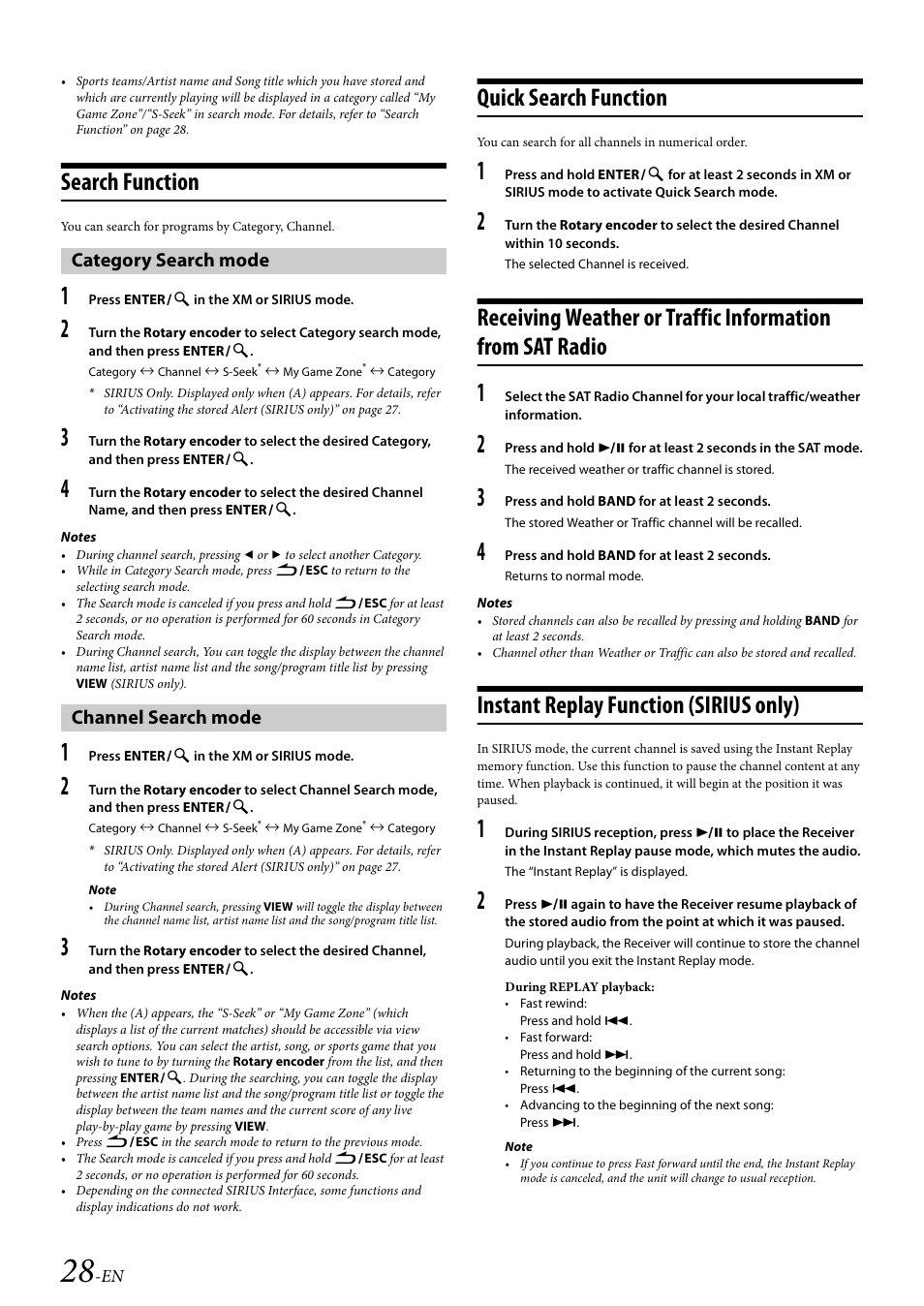 Search function, Category search mode, Channel search mode | Quick search function, Instant replay function (sirius only), Category search mode channel search mode | Alpine 68-14470Z51-A User Manual | Page 30 / 56